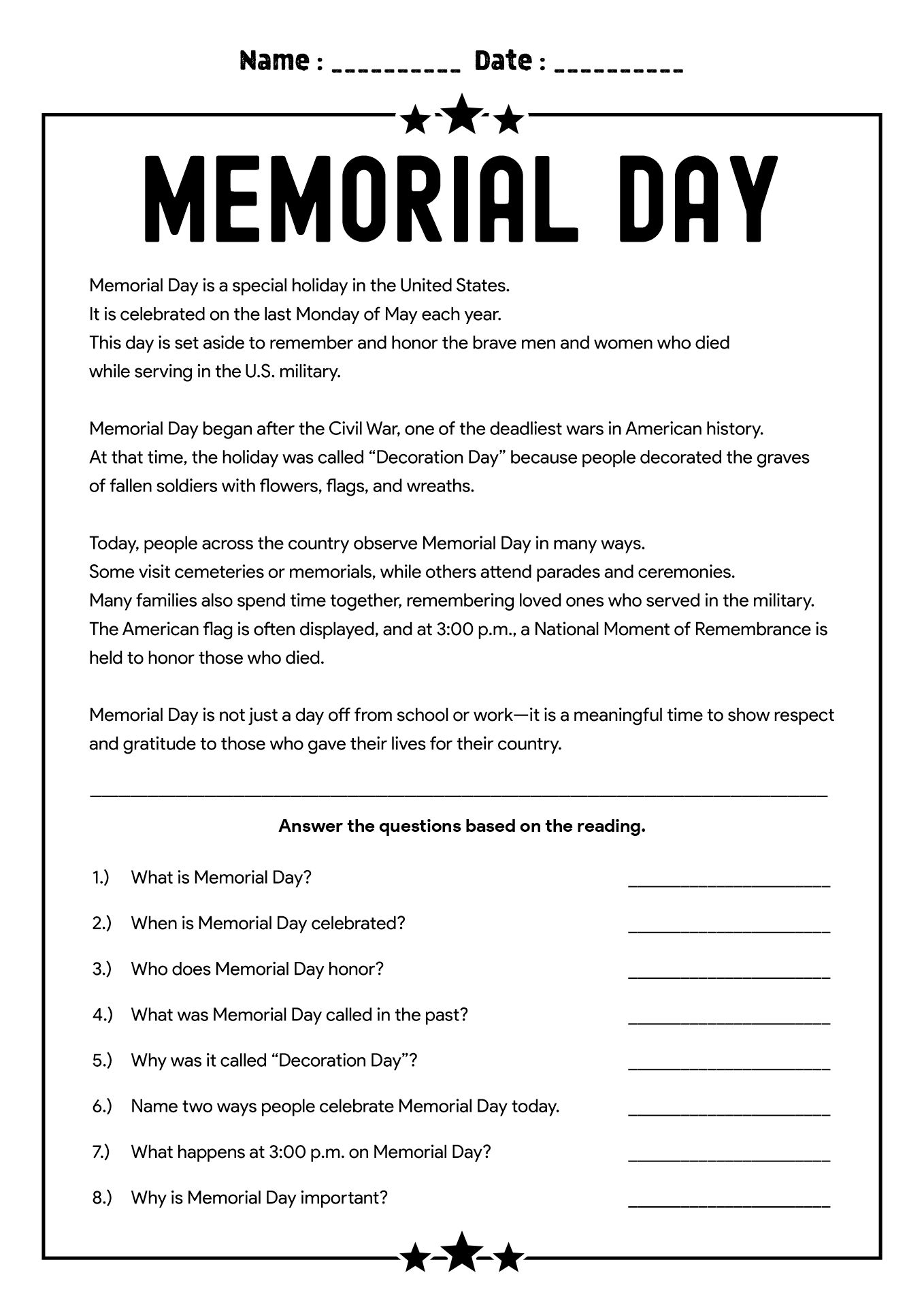 Reading Worksheet for Memorial Day