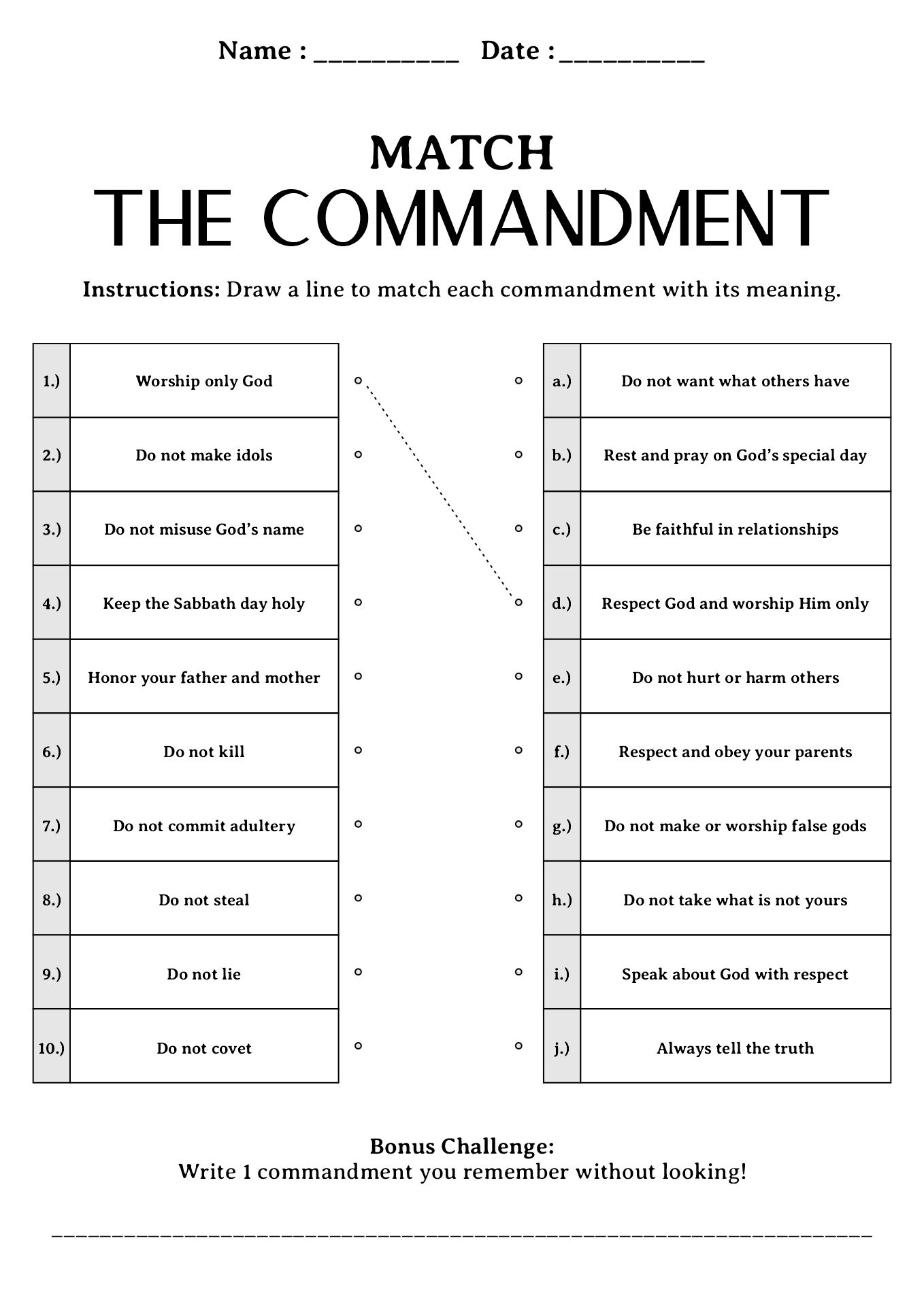 Religious 10 Commandments Worksheets for Kids