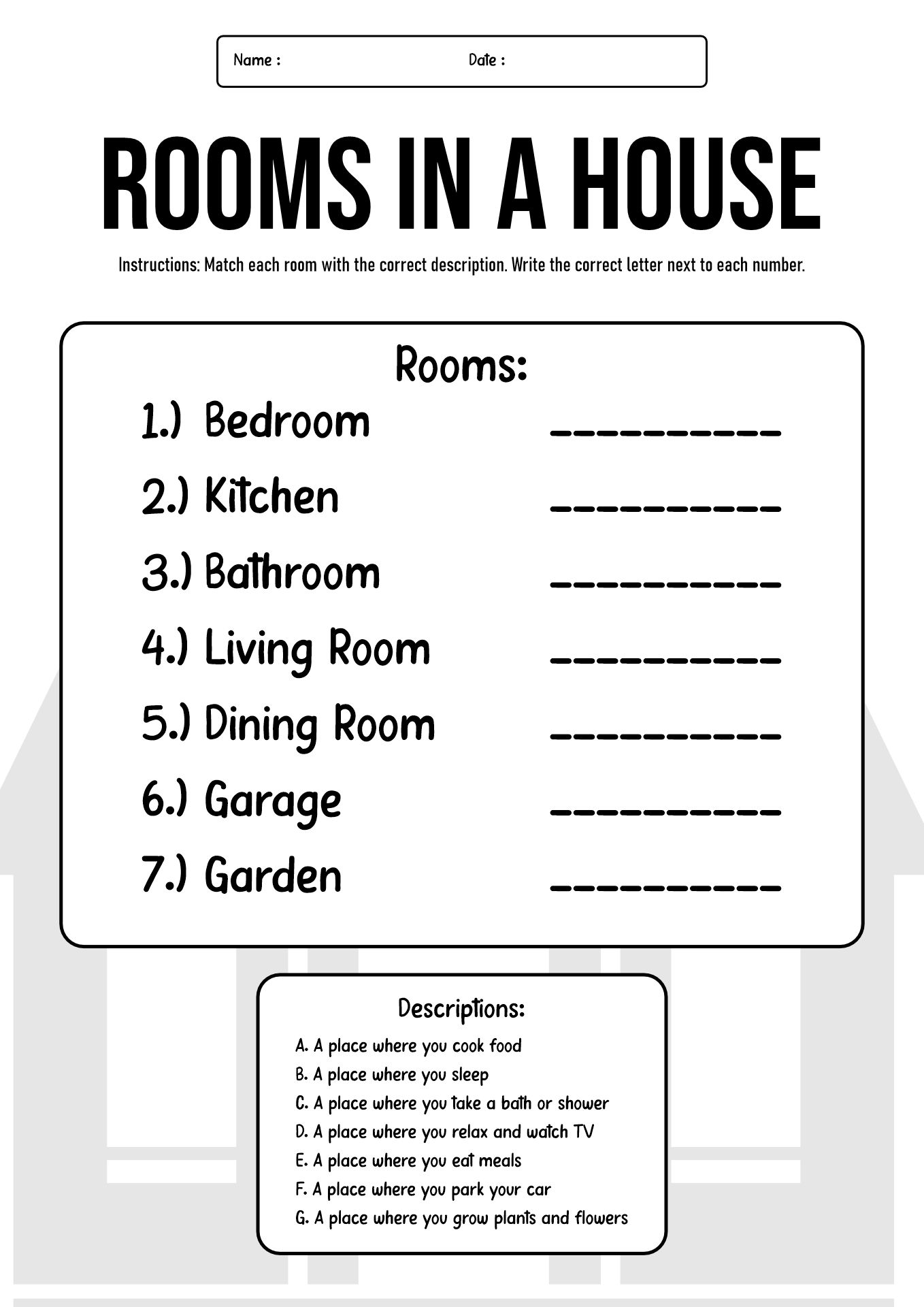 Rooms in a House Matching Worksheet for Students
