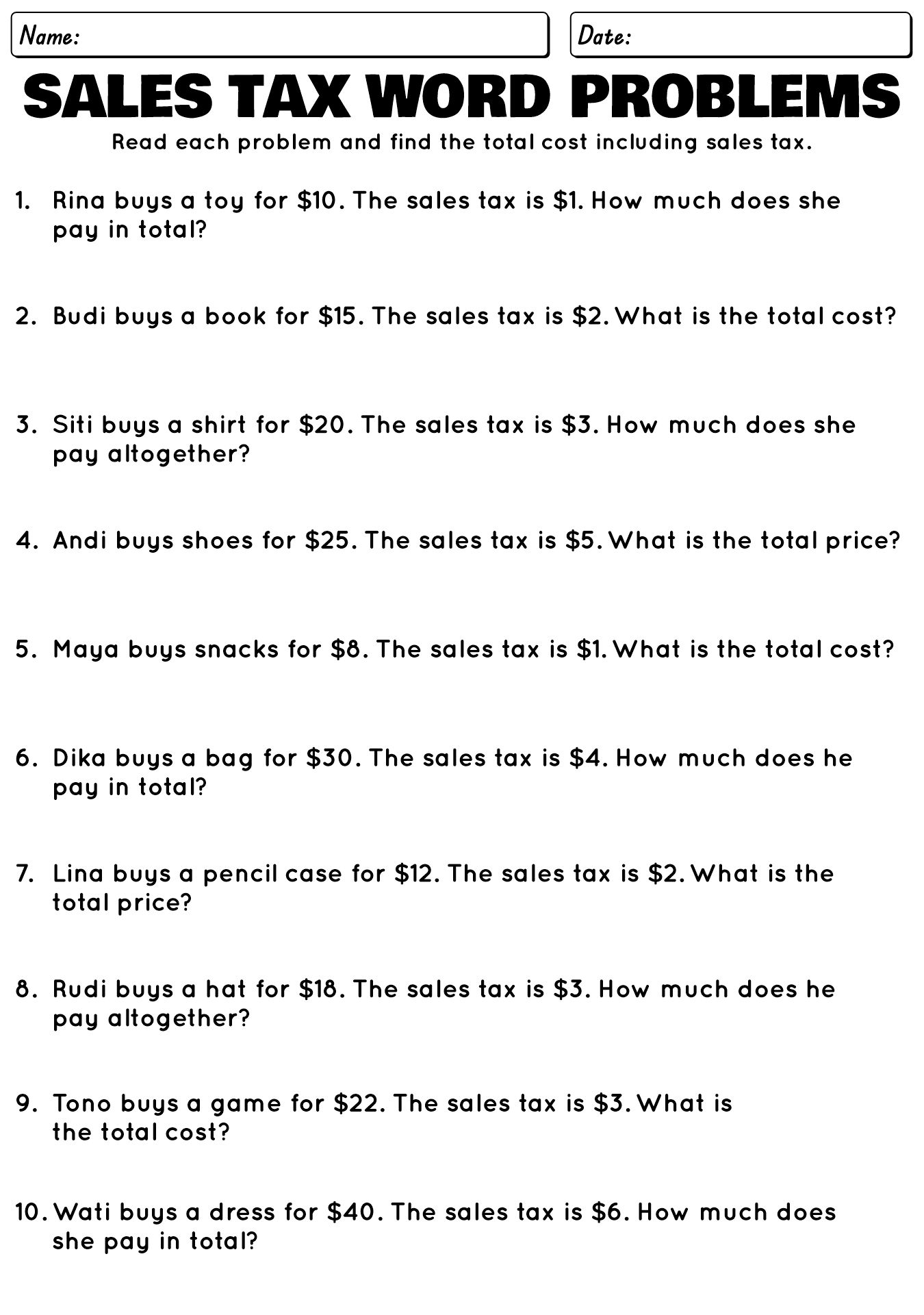 Sales Tax Practice Worksheets