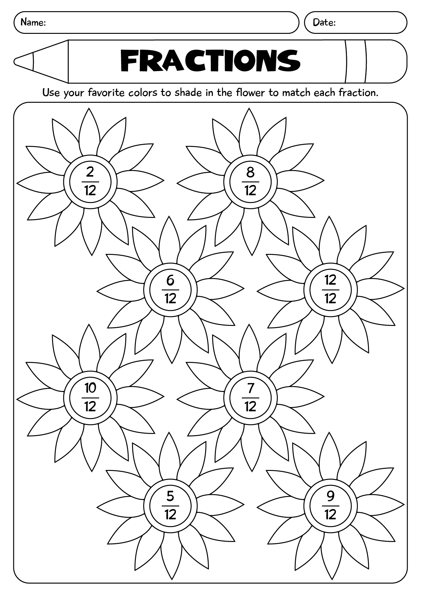 Second Grade Flower Fractions Worksheet