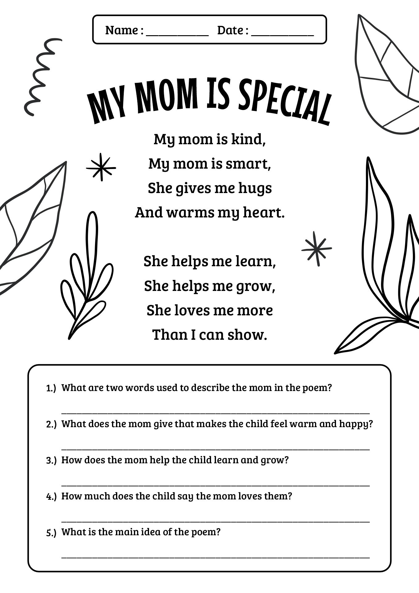 Second Grade Mothers Day Poem Activity