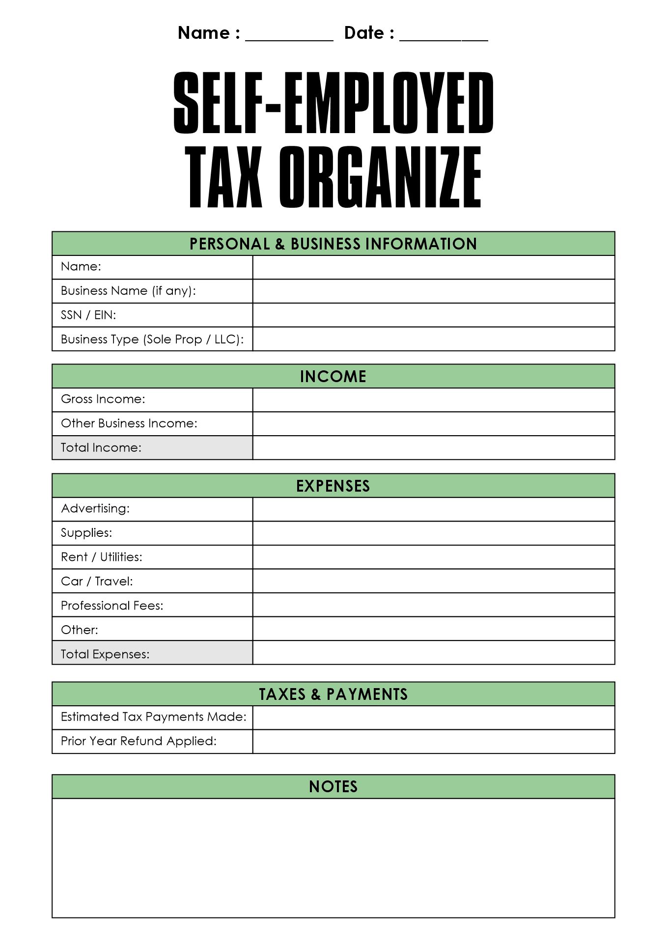 Self-Employed Tax Organizer Worksheet