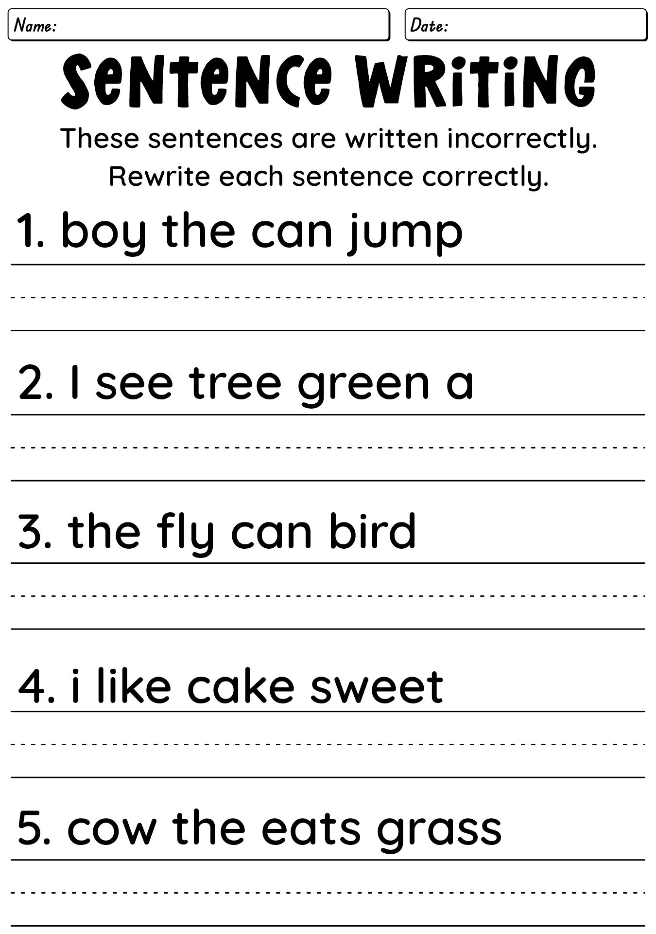 Sentence Writing Worksheet For 1st Grade