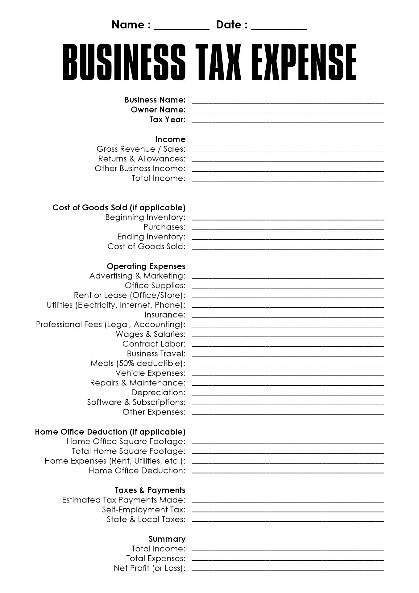 Small Business Tax Expense Worksheet