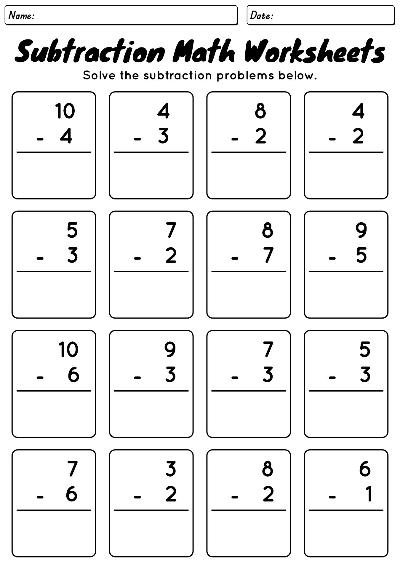 Subtraction Math Worksheets for 1st Graders