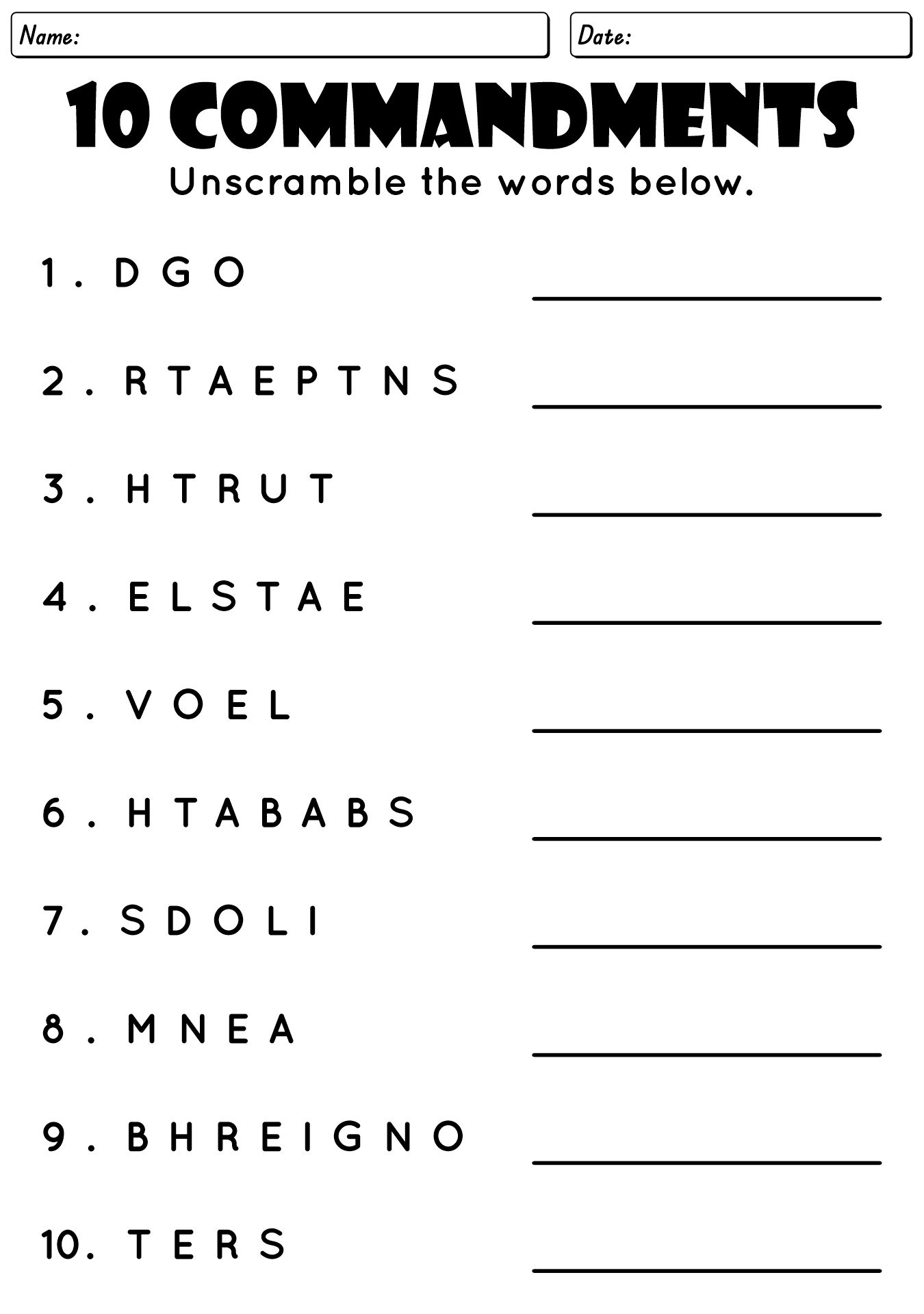 Sunday School 10 Commandments Worksheet