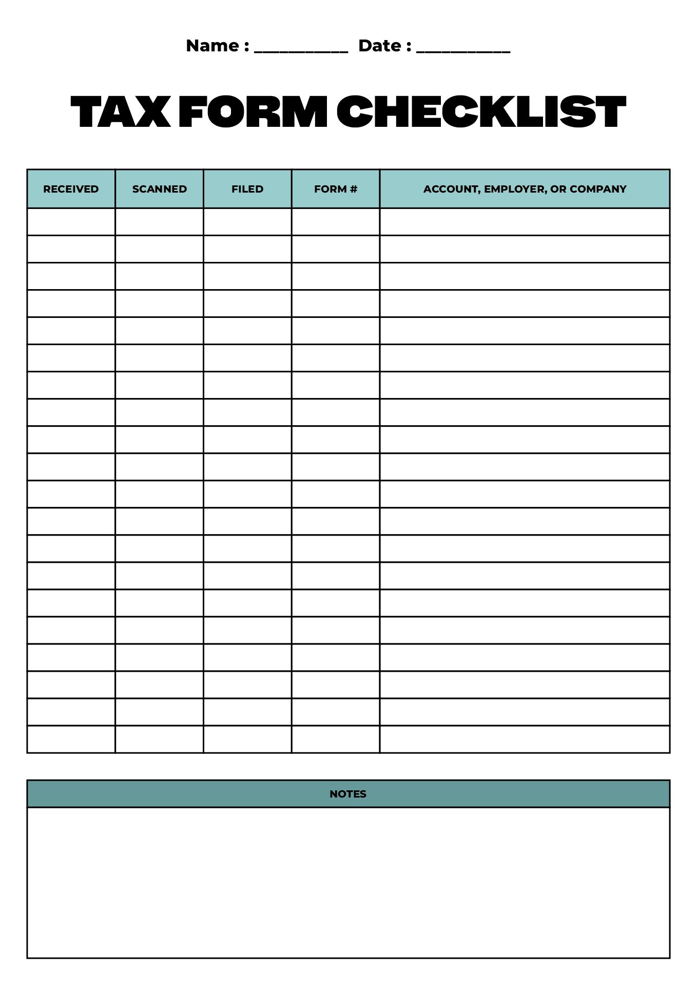 Tax Day Checklist Worksheets