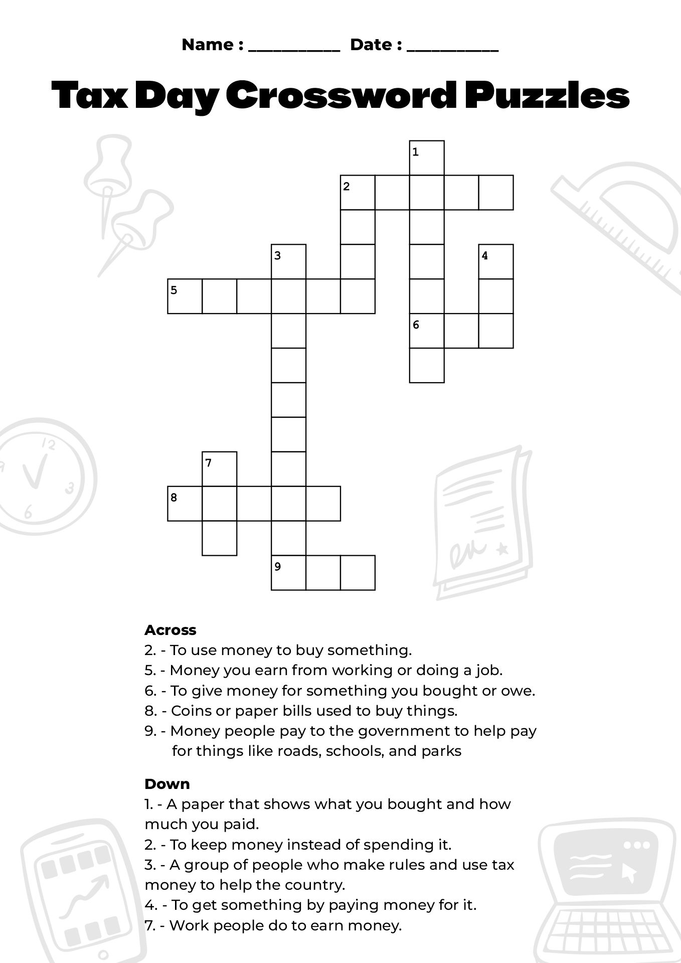 Tax Day Crossword Puzzles for Elementary Education