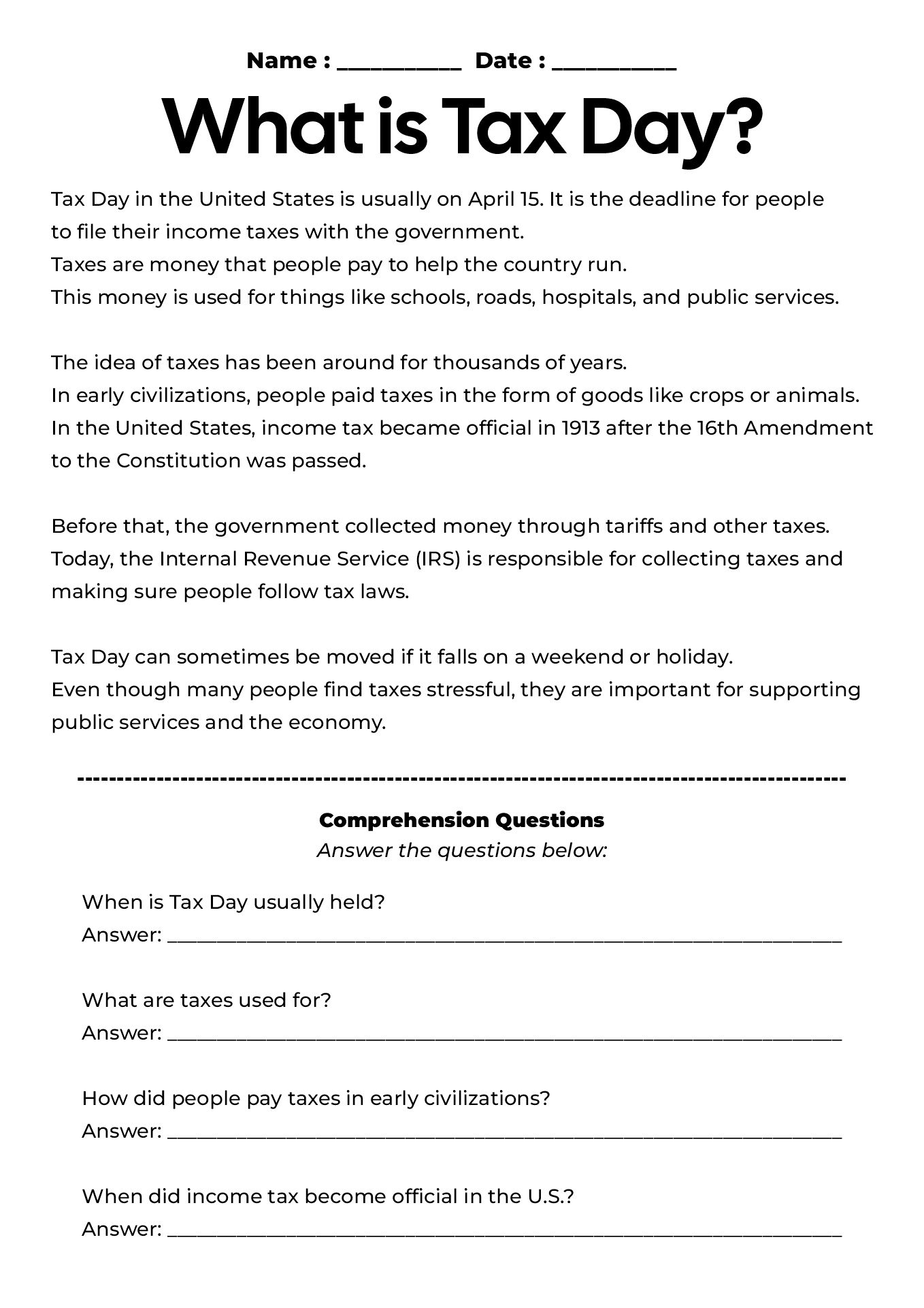 Tax Day History Worksheets for High School Students
