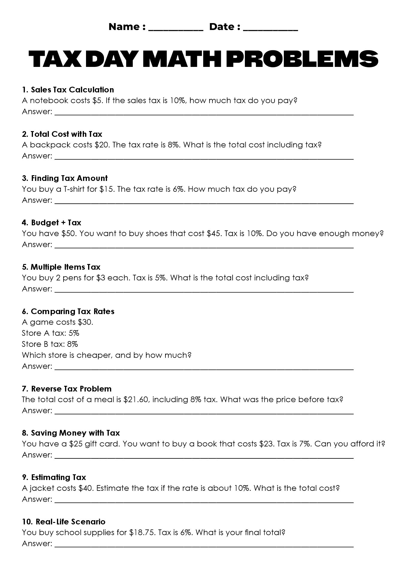 Tax Day Math Problems for Middle School Students