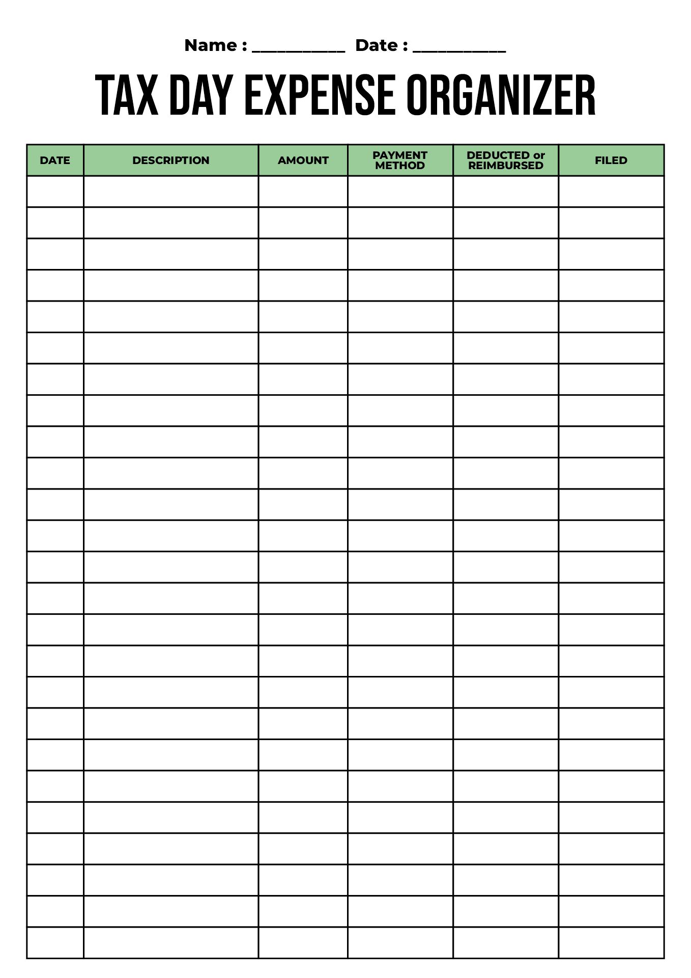 Tax Day Organizer Worksheets