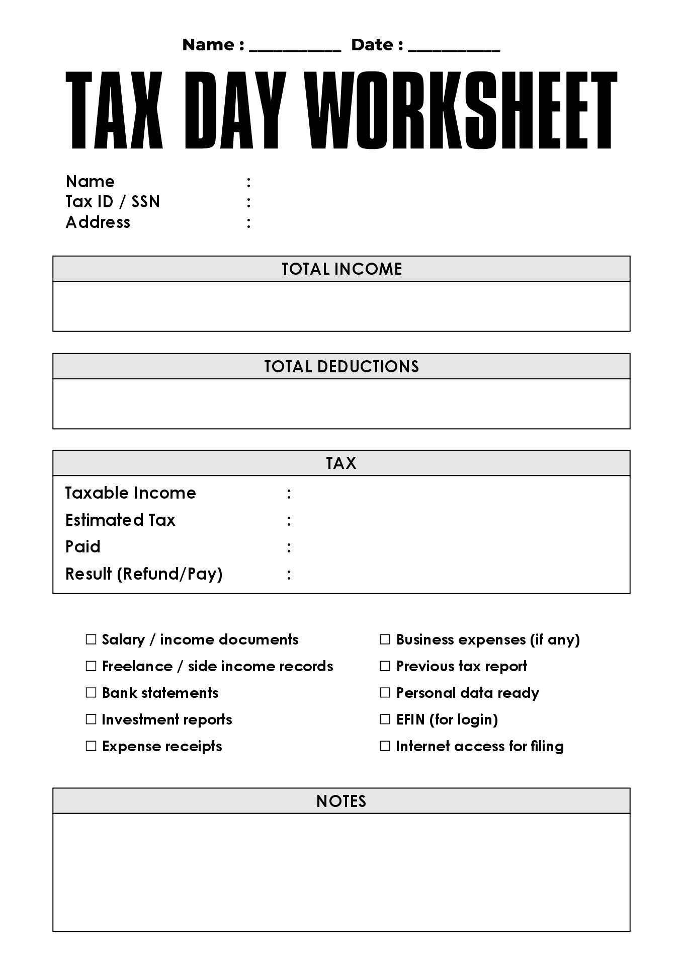 Tax Day Planning Worksheets
