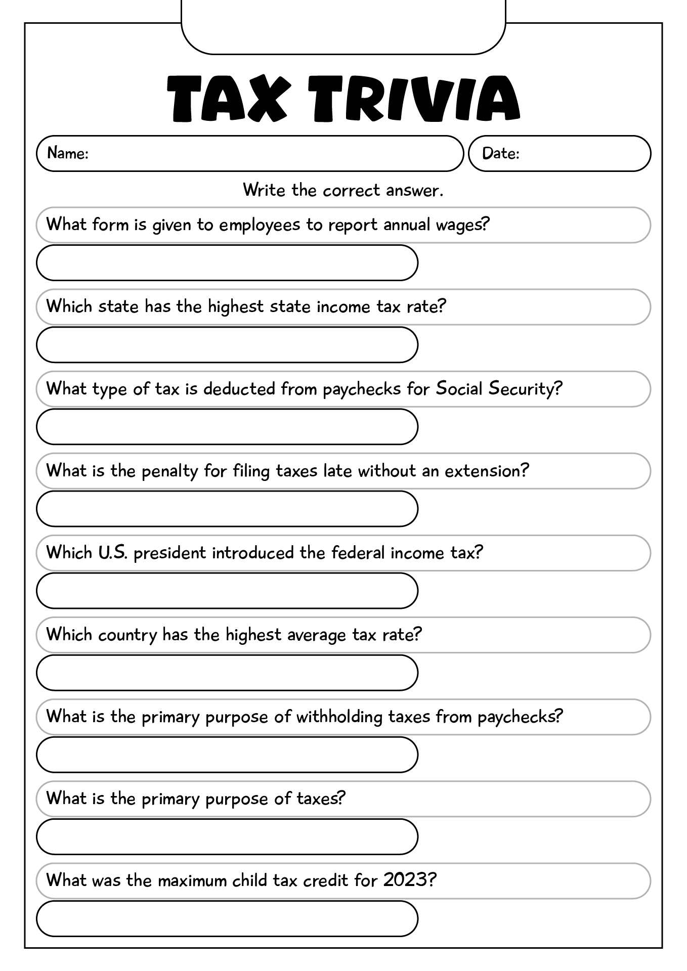 Tax Day Trivia Game Worksheet