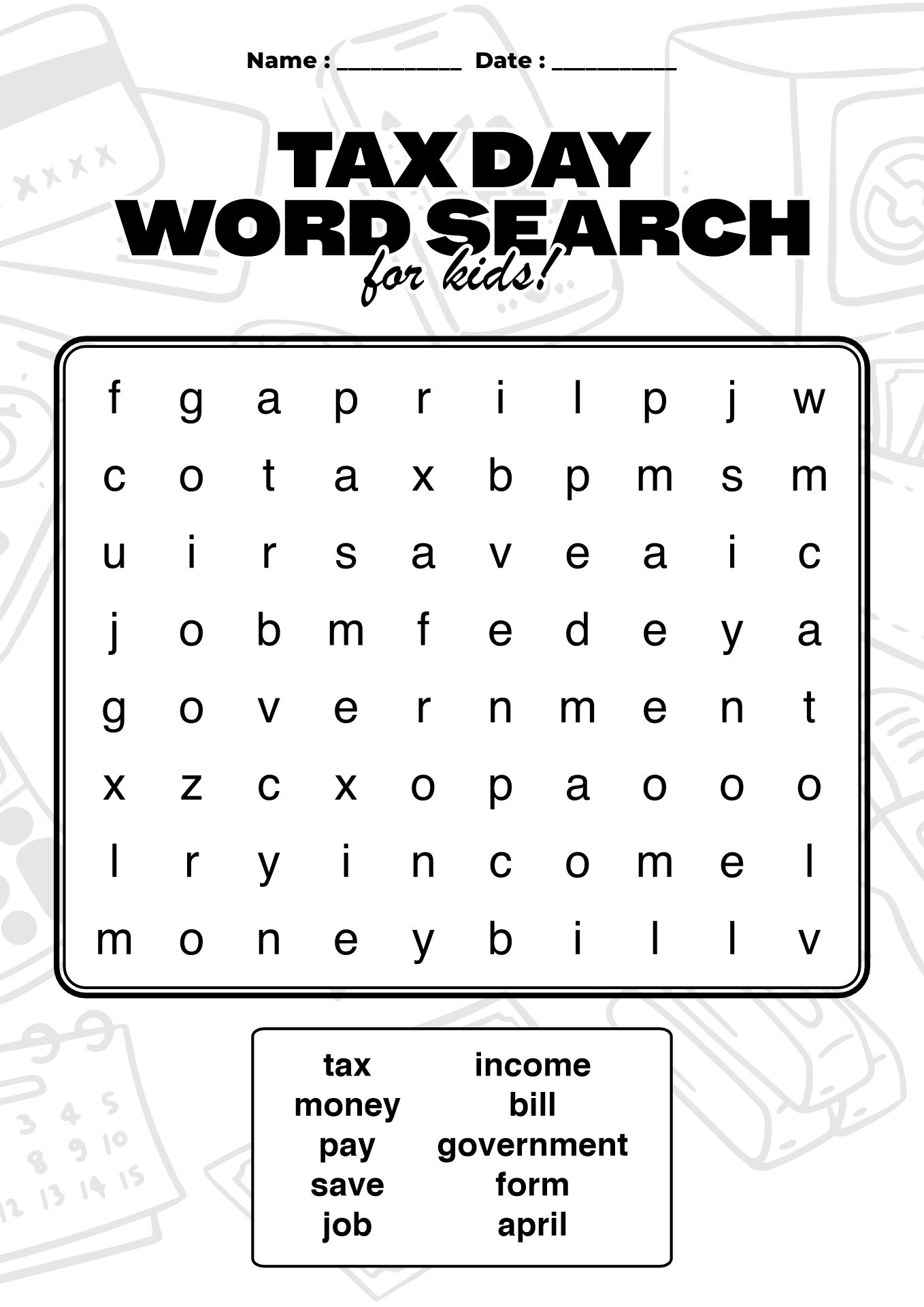 Tax Day Word Search Puzzles for Kids