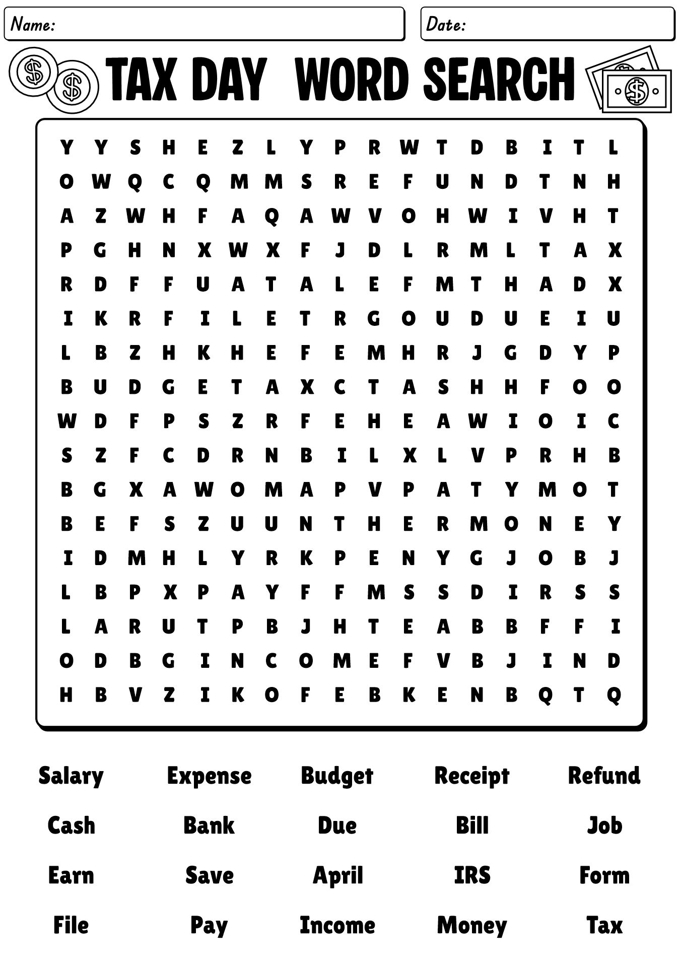 Tax Day Word Search Worksheet