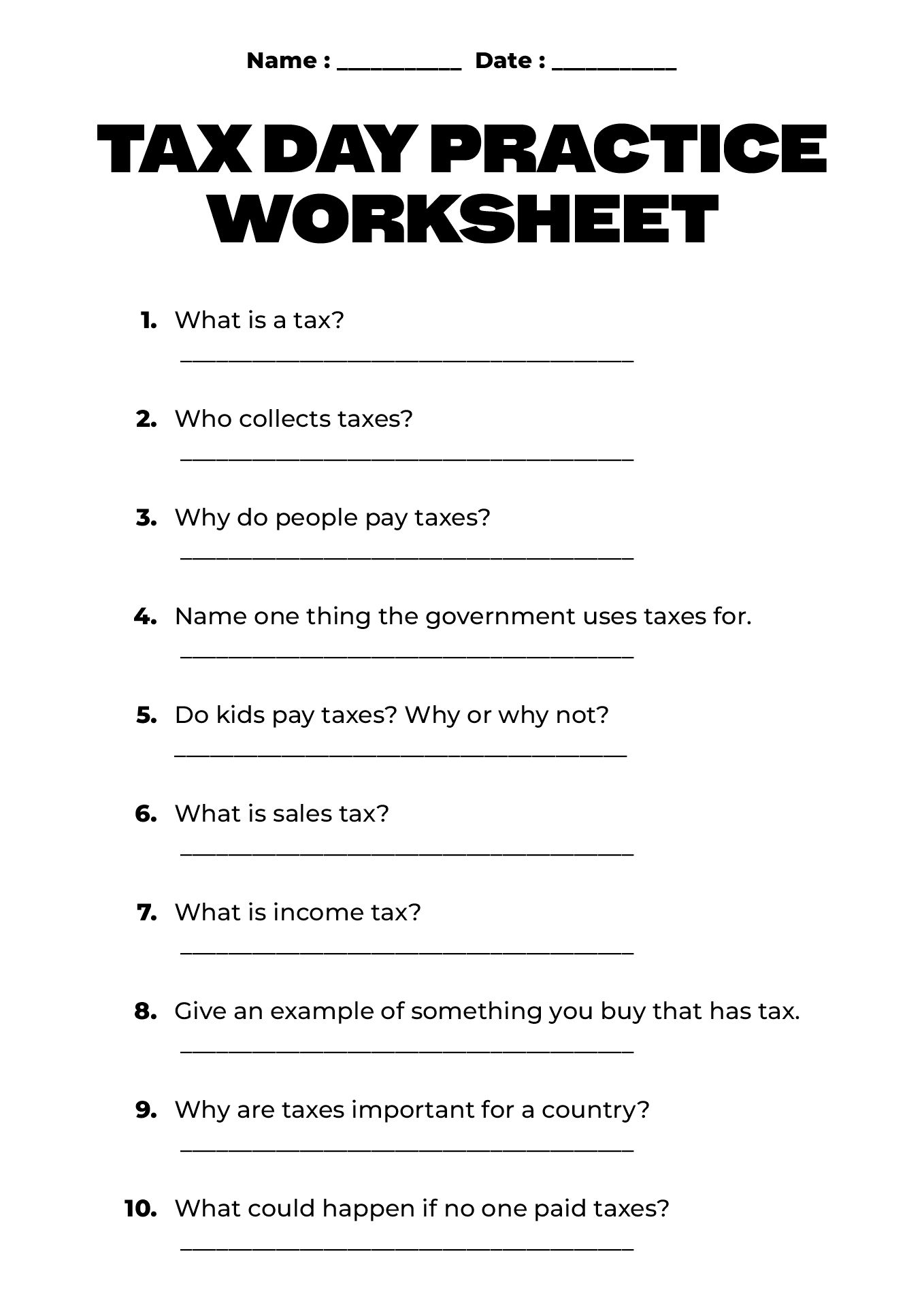 Tax Day Worksheet Practice for Students