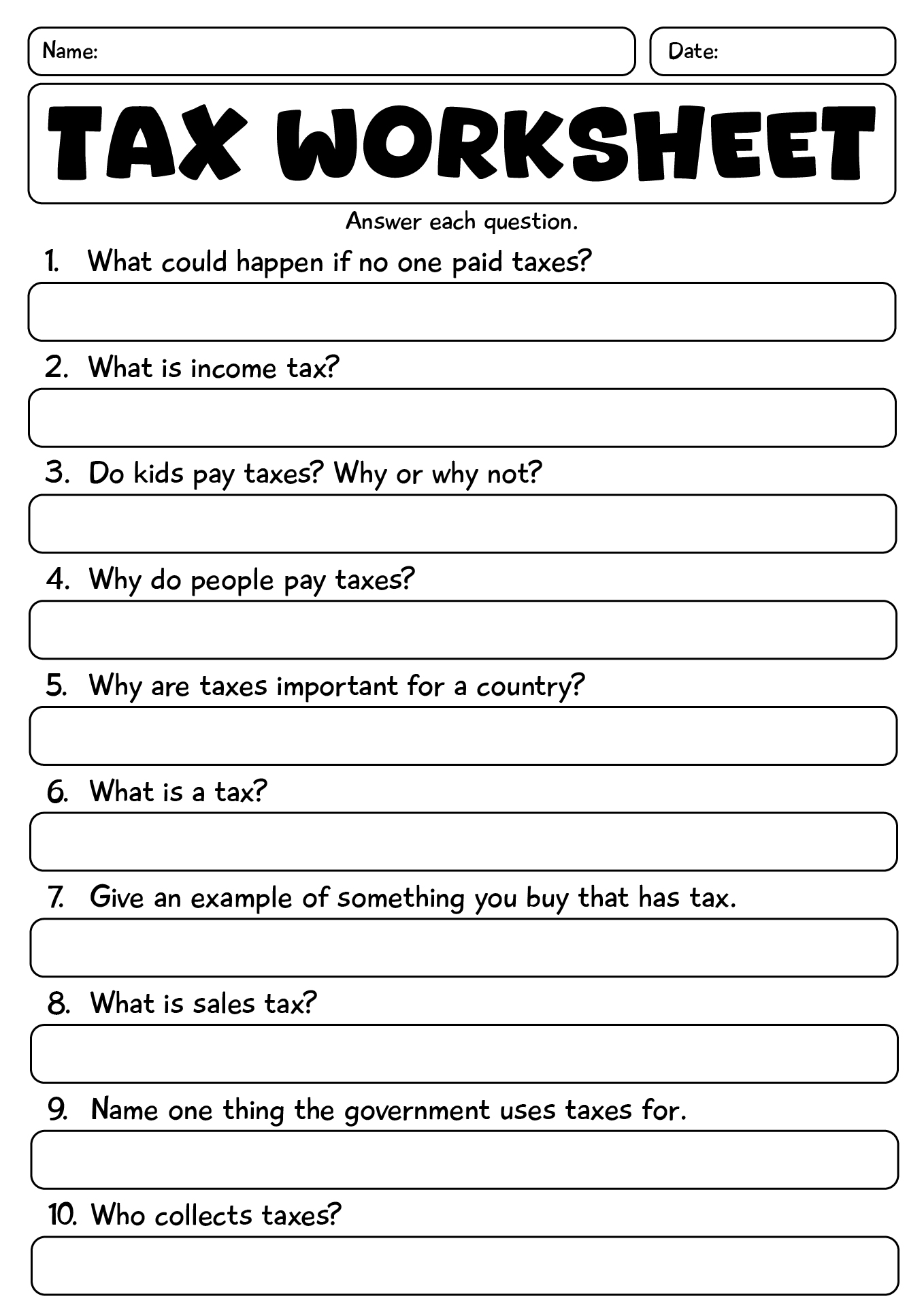 Tax Day Worksheet For Students