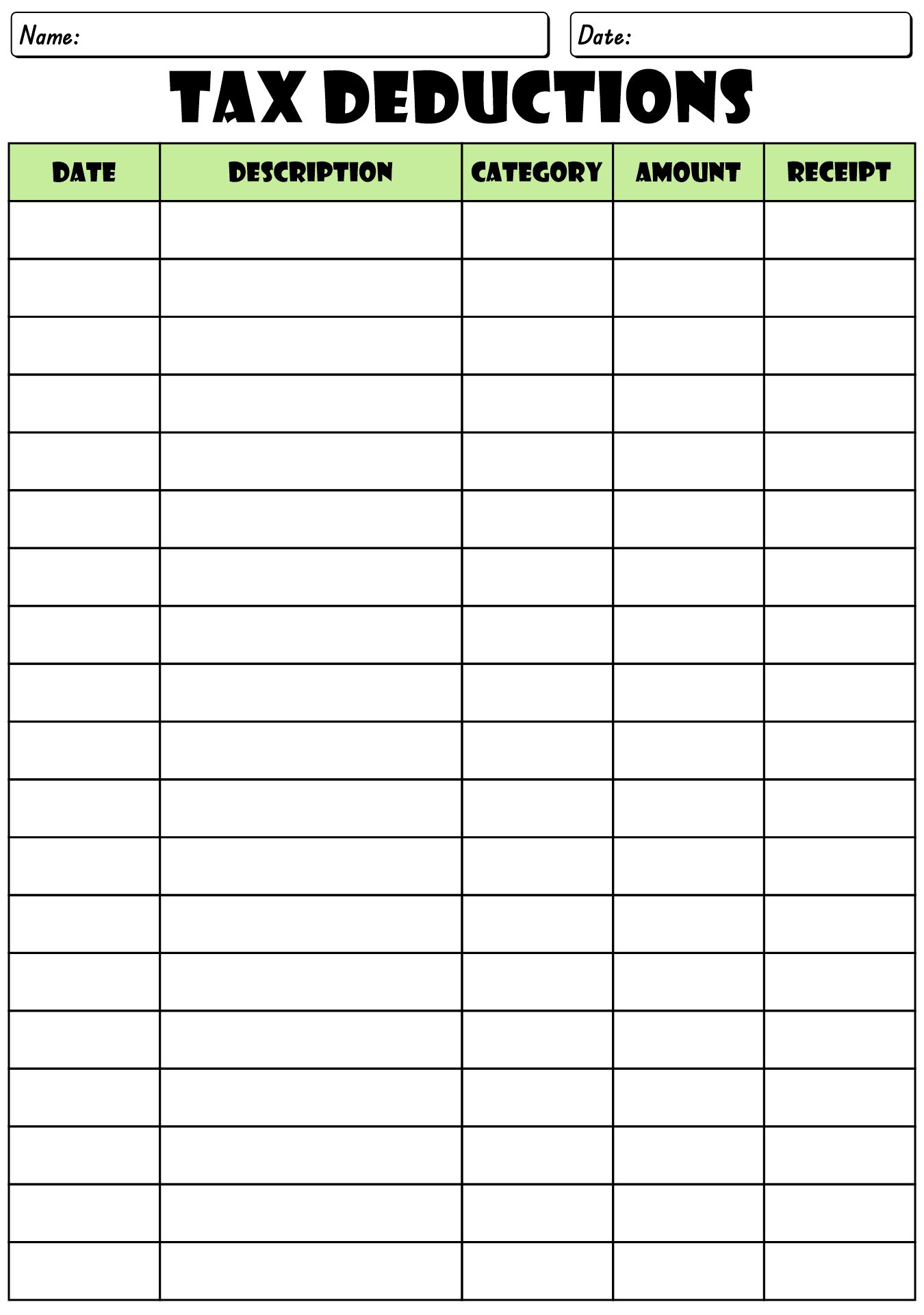 Tax Deductions Tracking Worksheet
