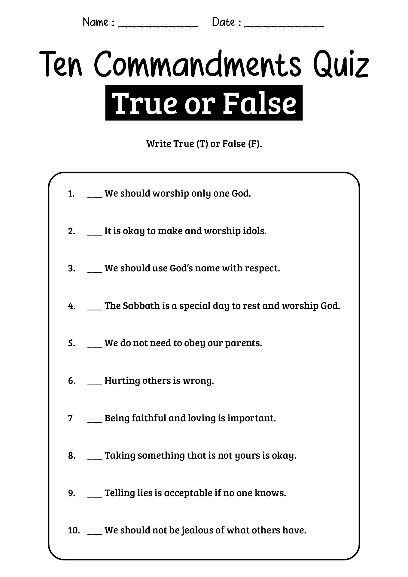 Ten Commandments Quiz Worksheets for School Kids