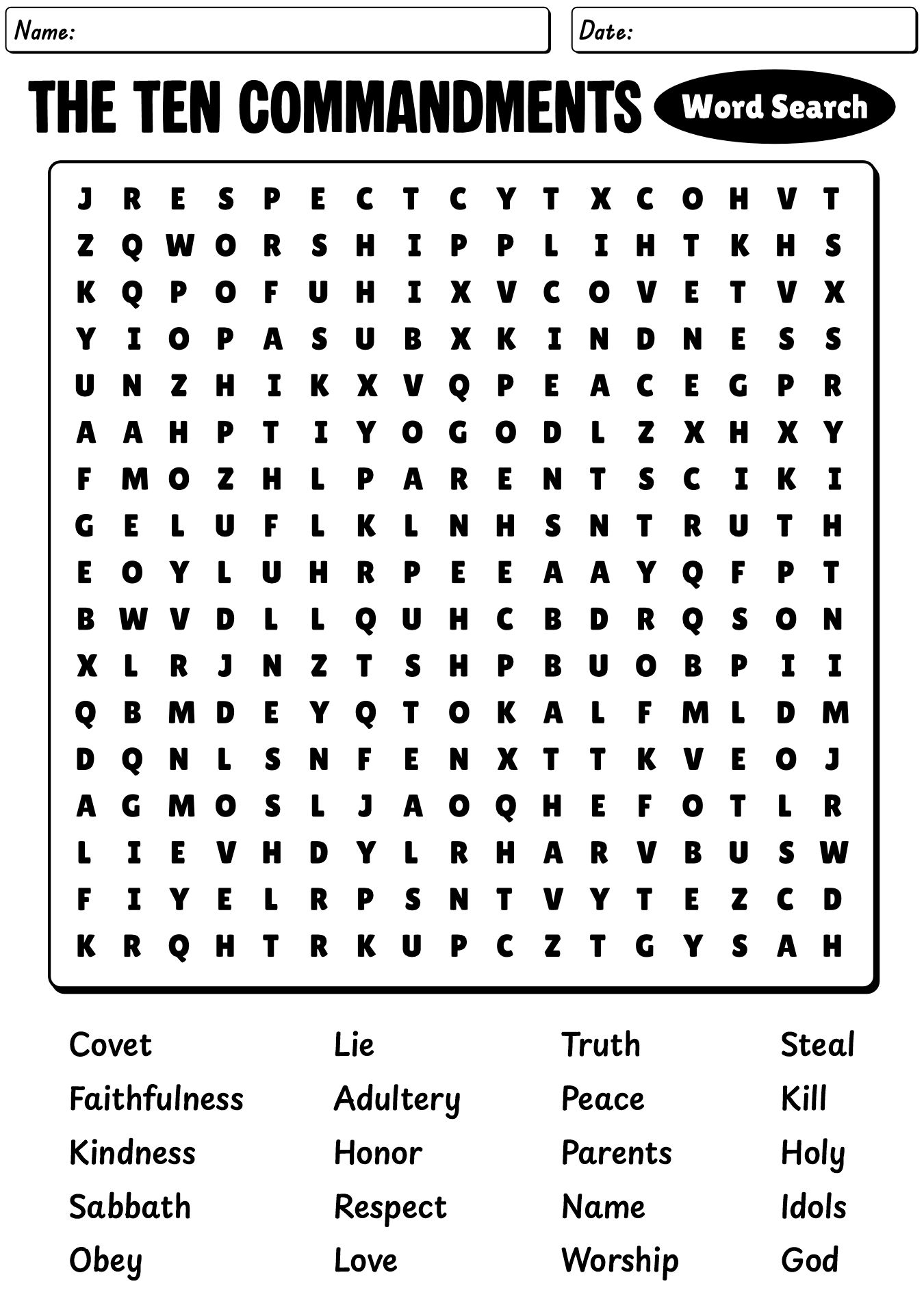 Ten Commandments Word Search Worksheet