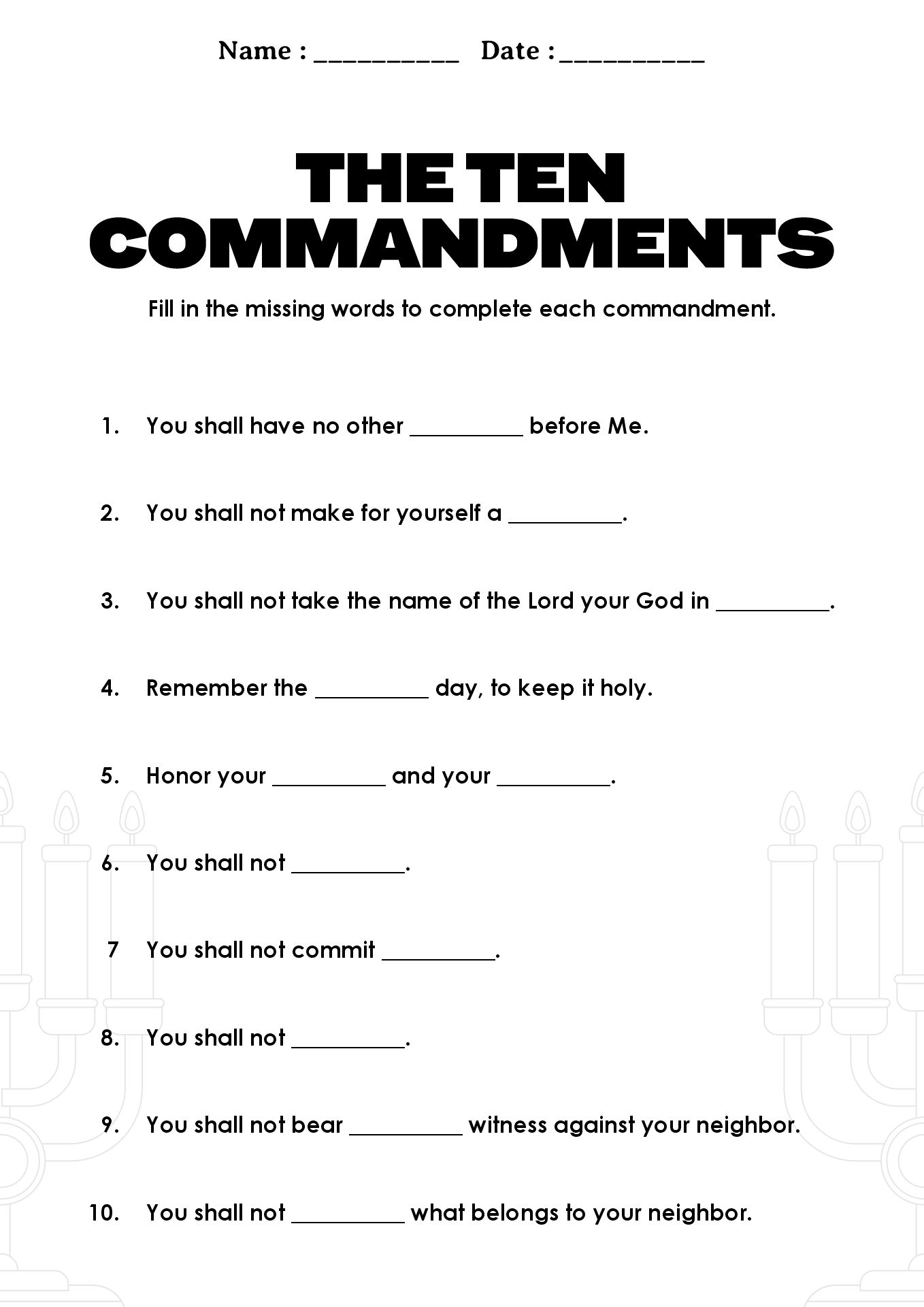 The Ten Commandments Fill in the Blank Worksheet
