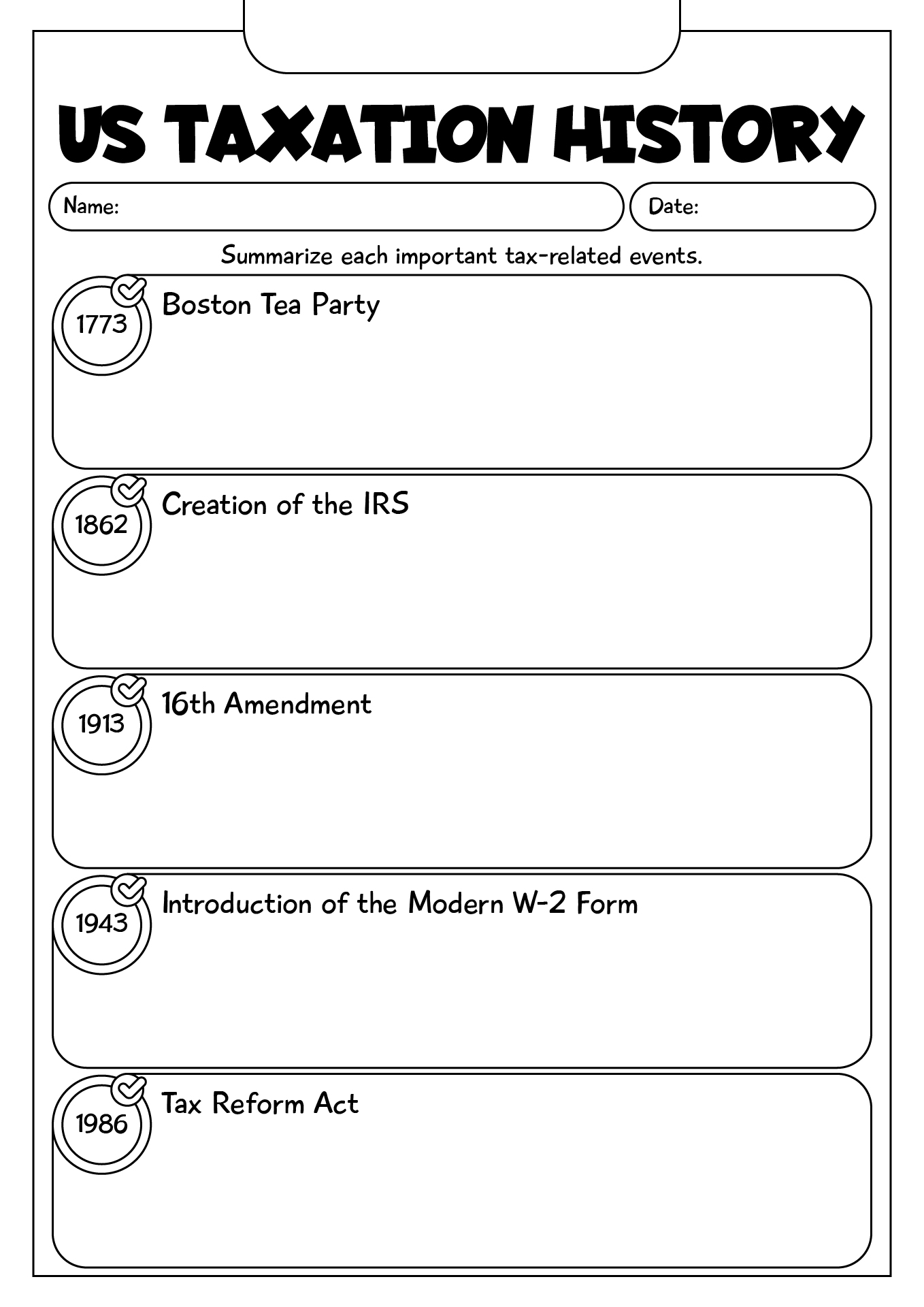 US Taxation History Worksheets