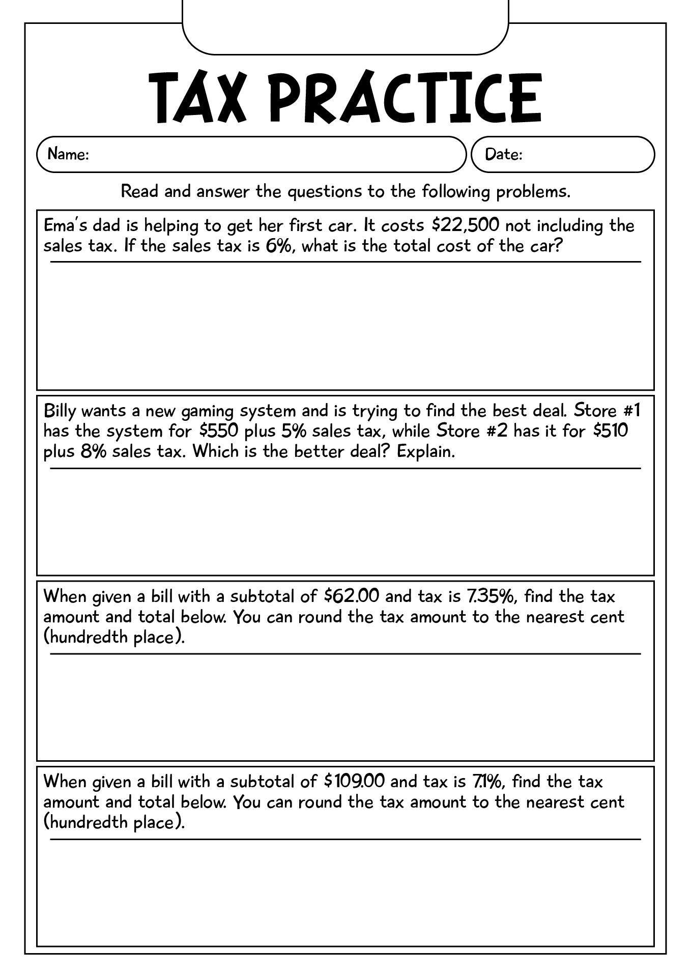 US Taxation Worksheets For Practice