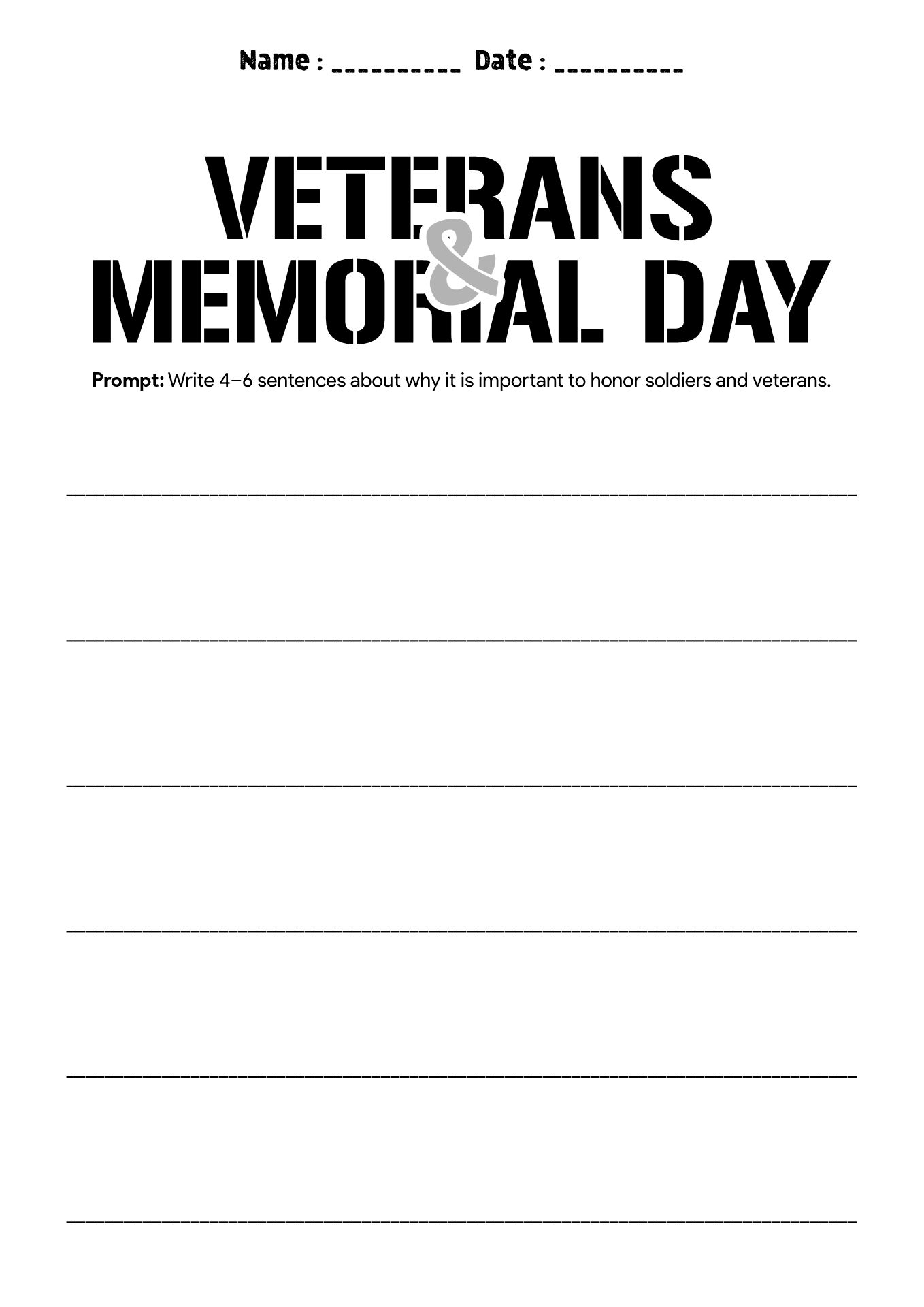 Veterans Memorial Day Educational Sheets