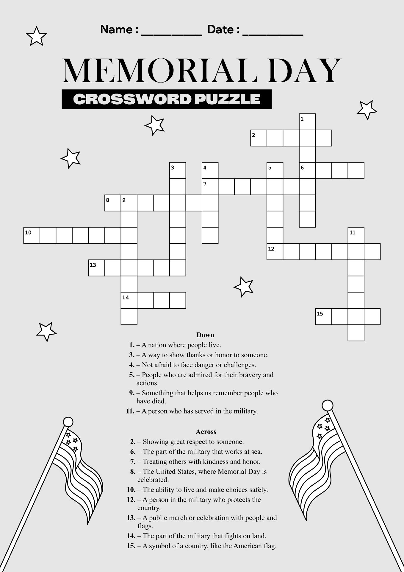 Veterans Themed Crossword Puzzles for Memorial Day