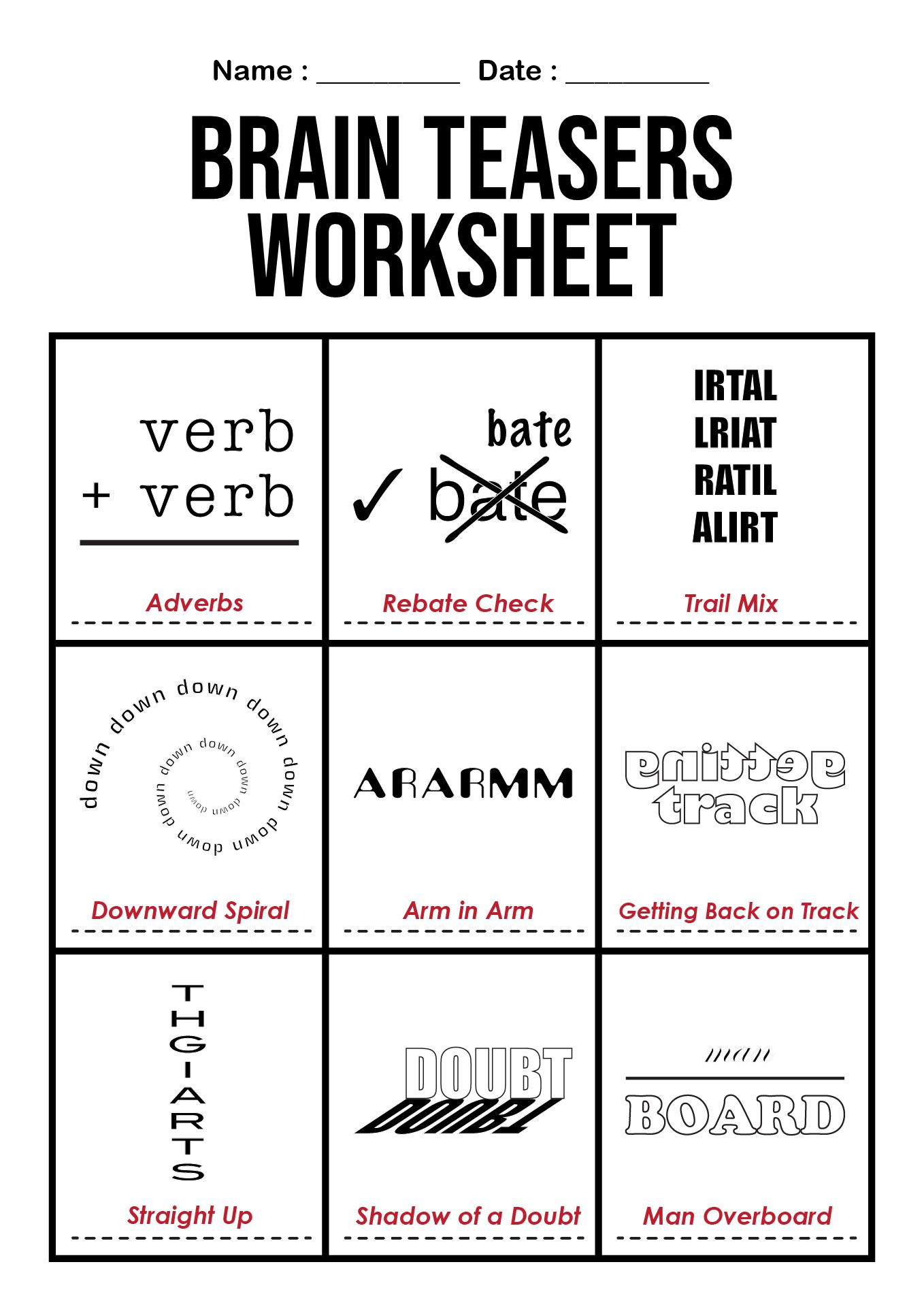 Word Brain Teasers Worksheets Including Answers