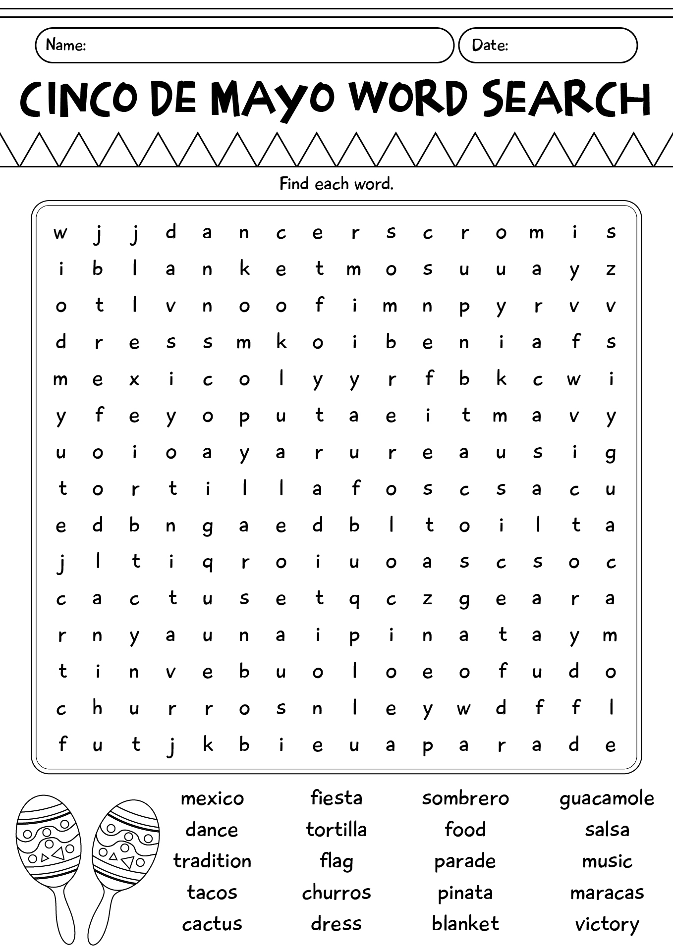 Word Search Cinco De Mayo Practice Sheet