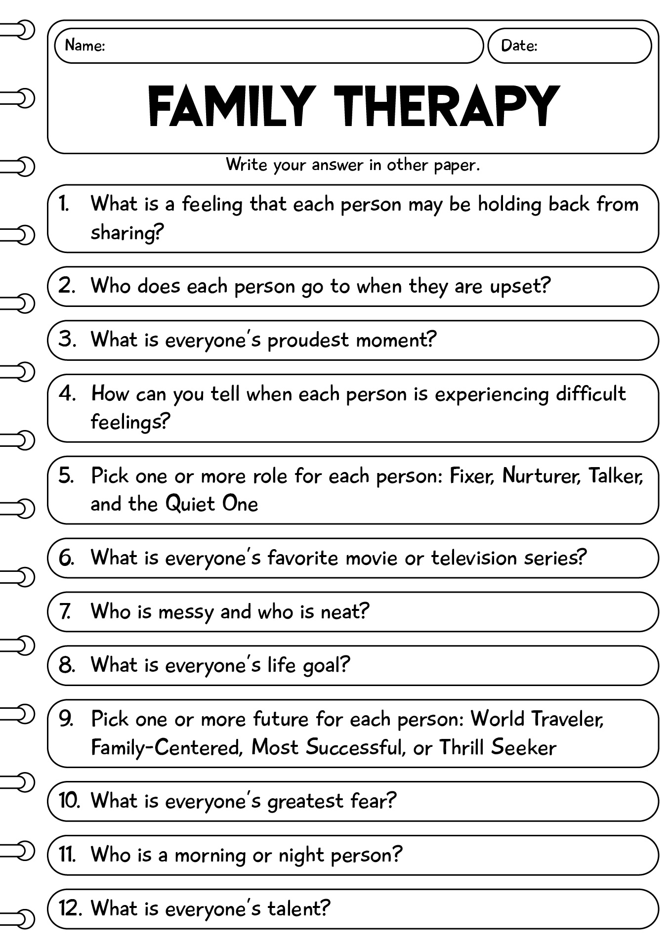 Worksheet For Family Therapy