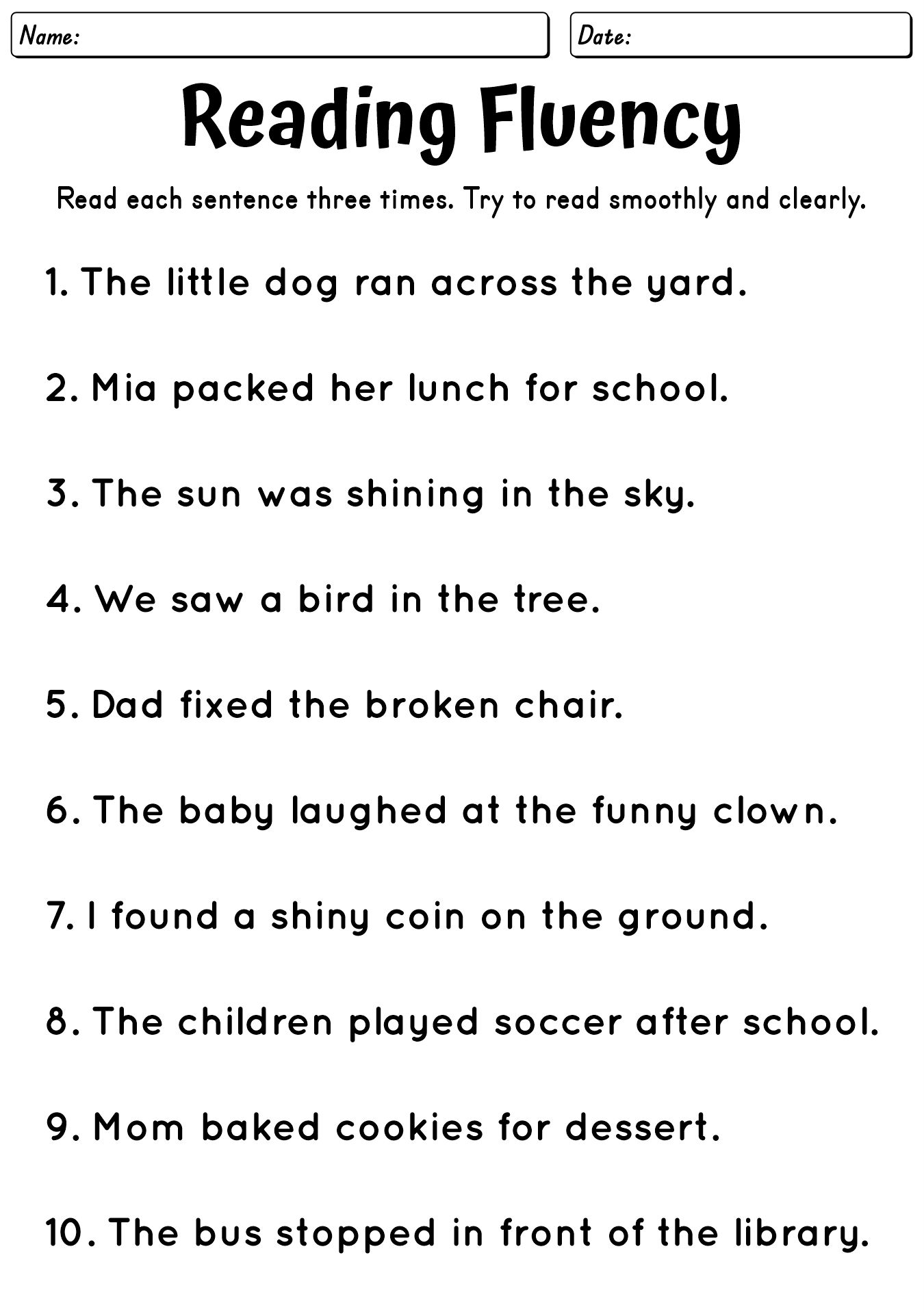 Worksheets for Improving Reading Fluency