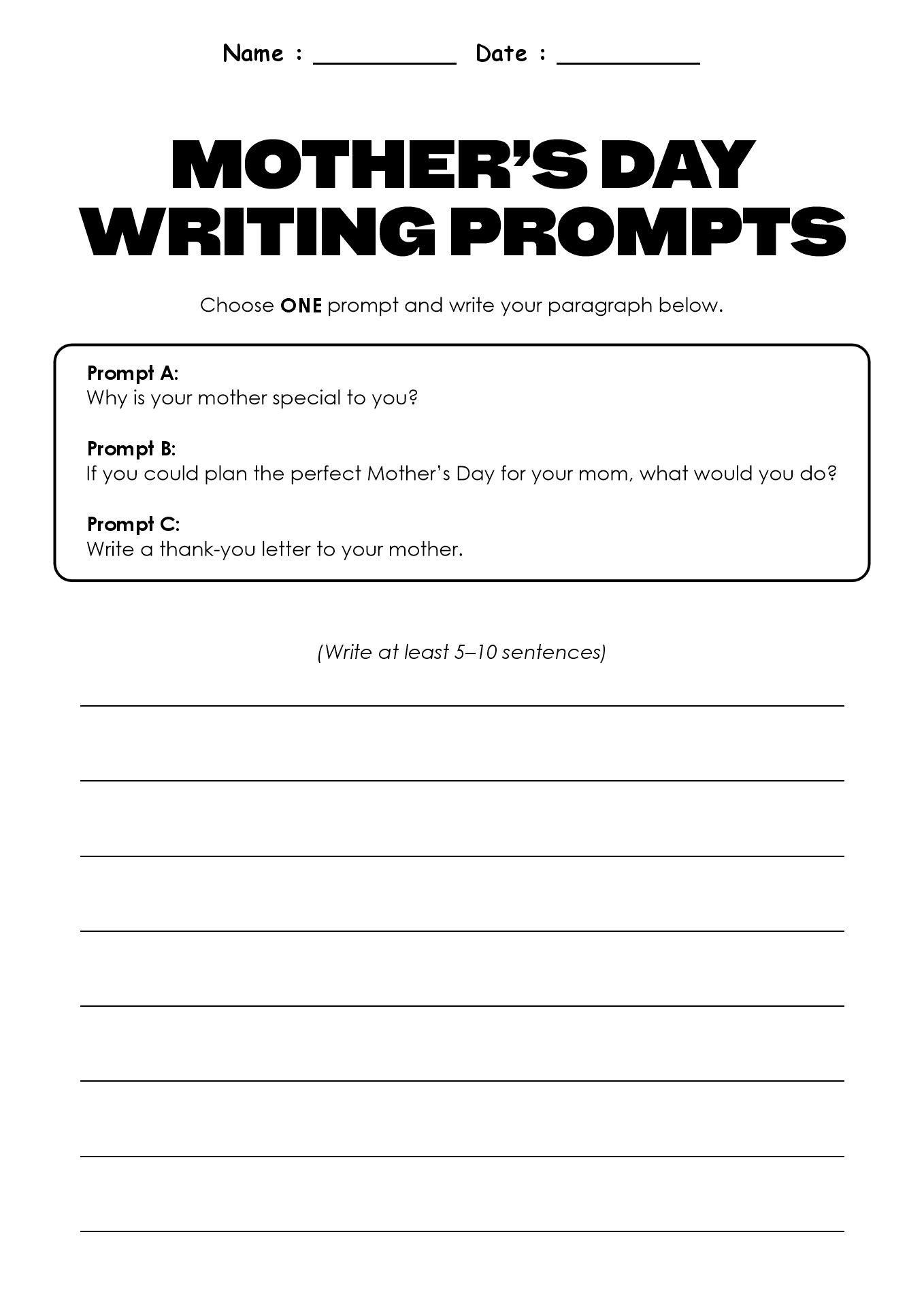 Writing Prompt Worksheet for Mothers Day