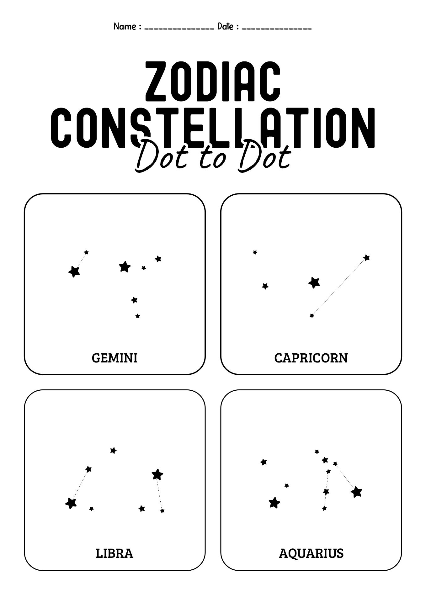 Zodiac Constellation Dot to Dot Worksheet