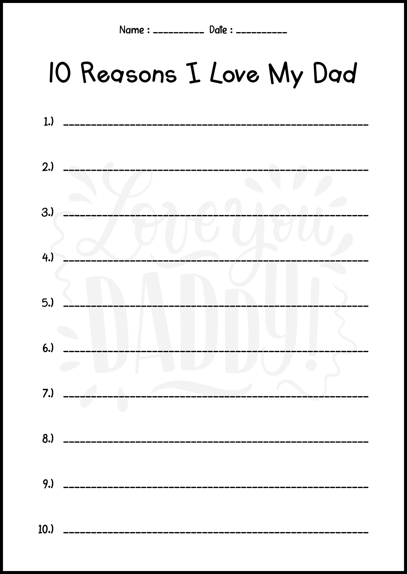 10 Reasons I Love My Dad Printable Worksheet