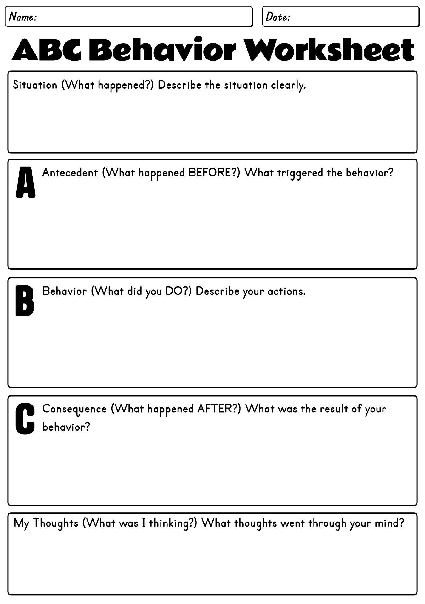 ABC Behavior Worksheet For Teens