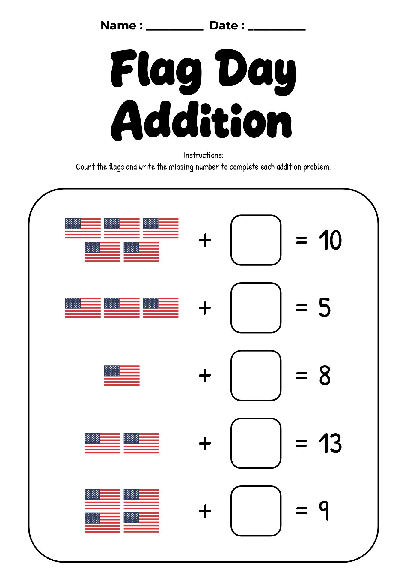Addition Flag Day Worksheet