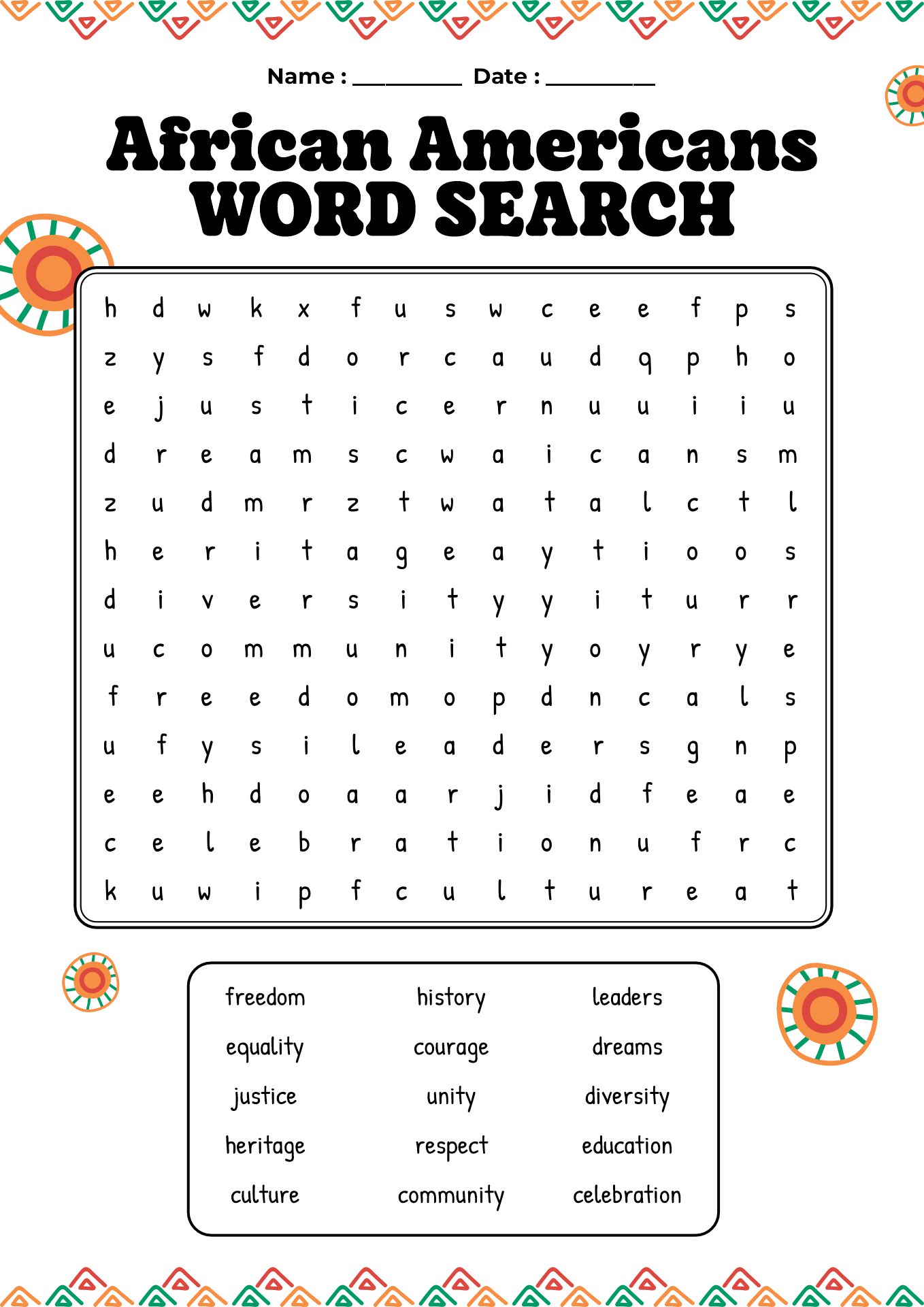 African Americans Wordsearch Worksheet