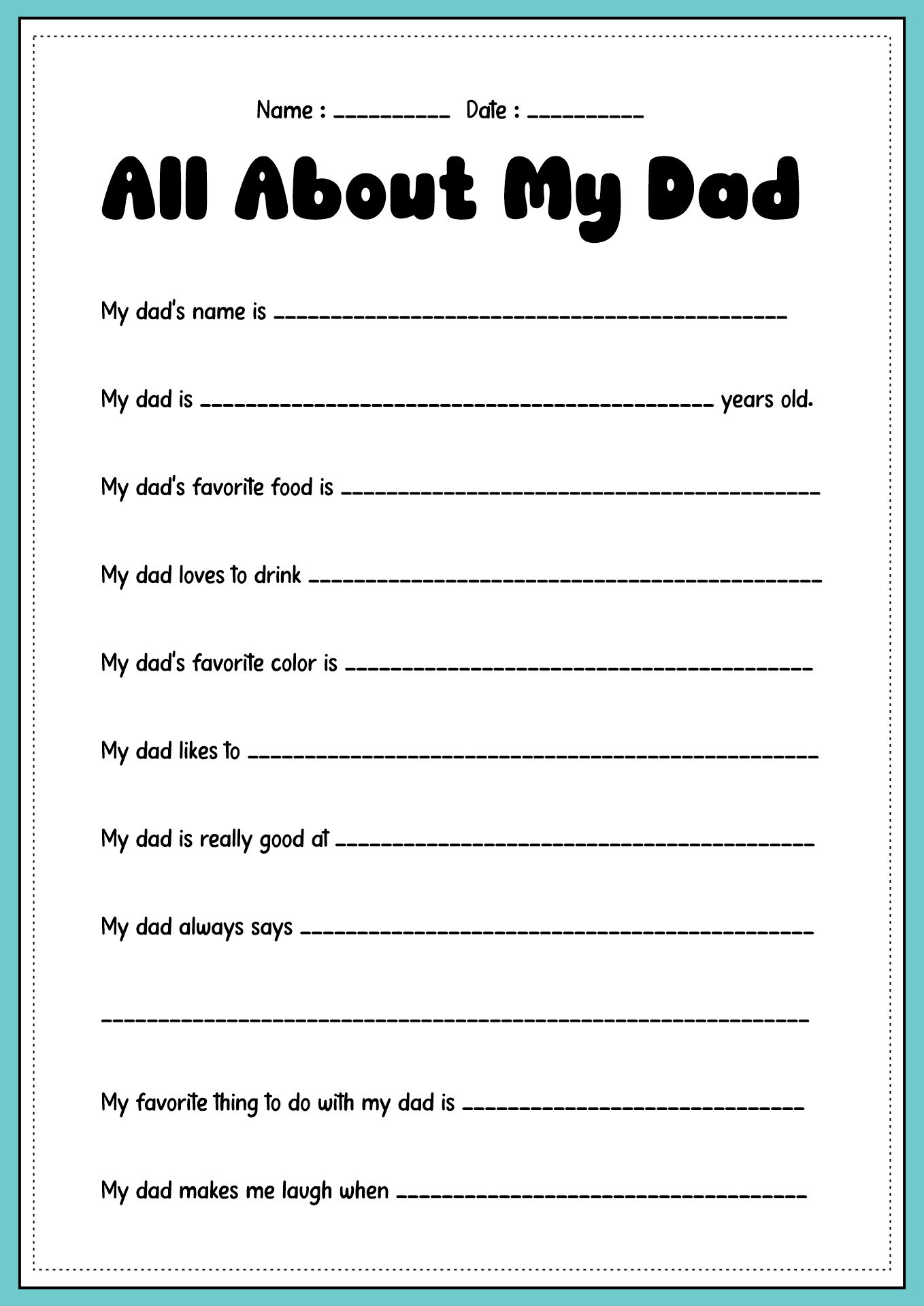 All About My Dad Questionnaire for Kids