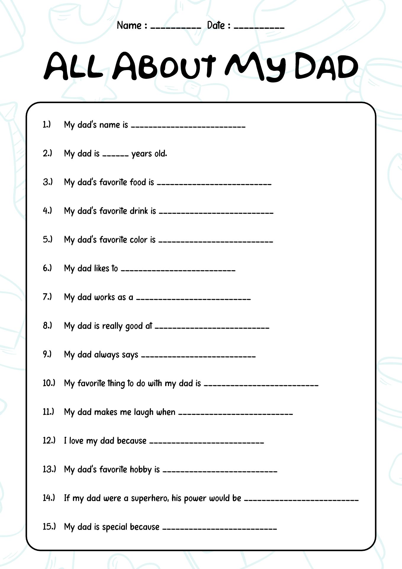 All About My Dad Questionnaire Worksheet