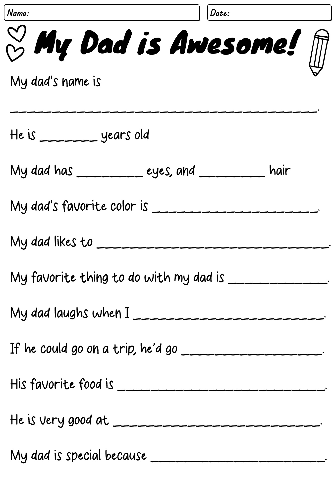 All About My Dad Worksheets For Kids