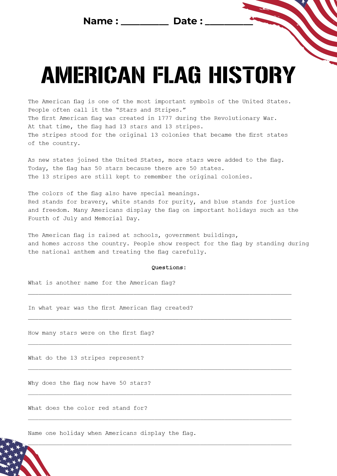American Flag History Worksheet