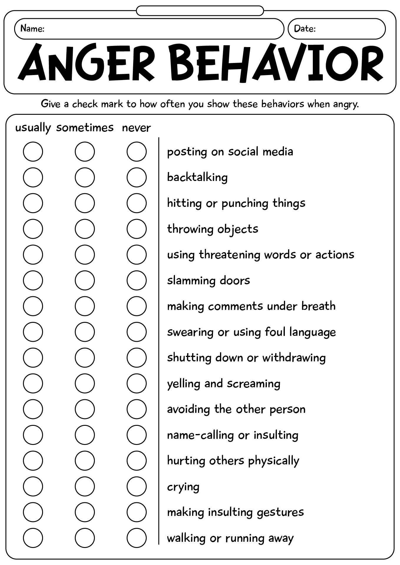 Anger Behaviors For Teen Worksheet