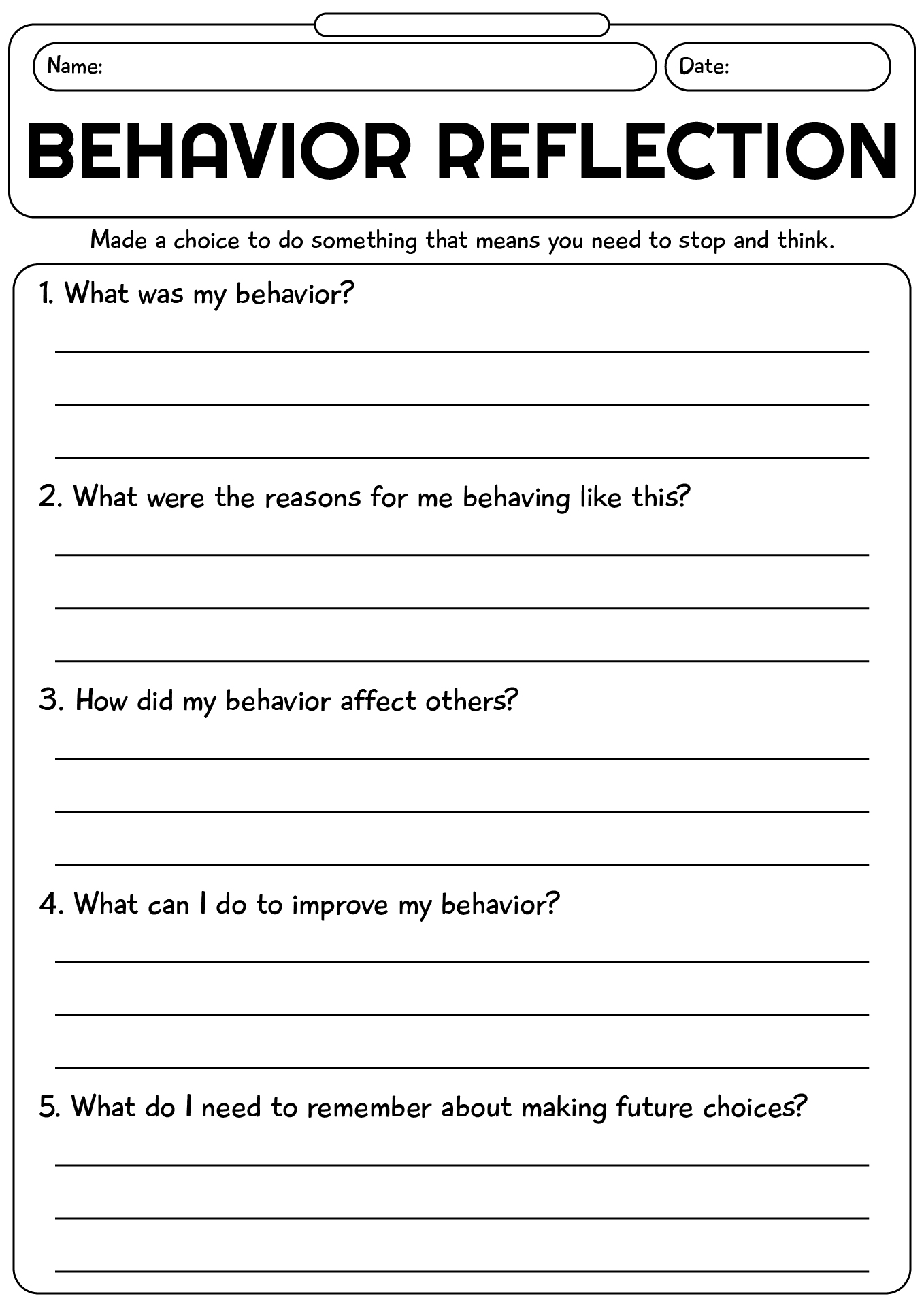 Behavior Reflection Worksheet For Teens