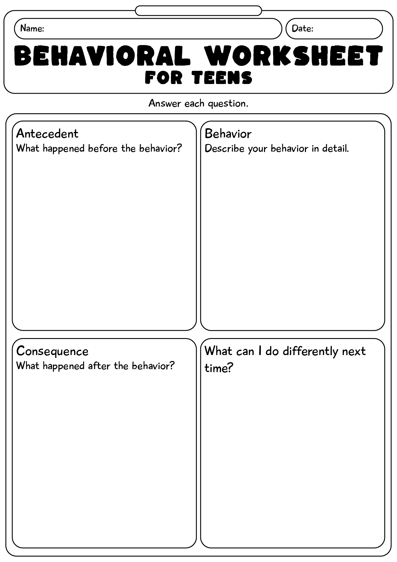 Behavioral Worksheets For Teens