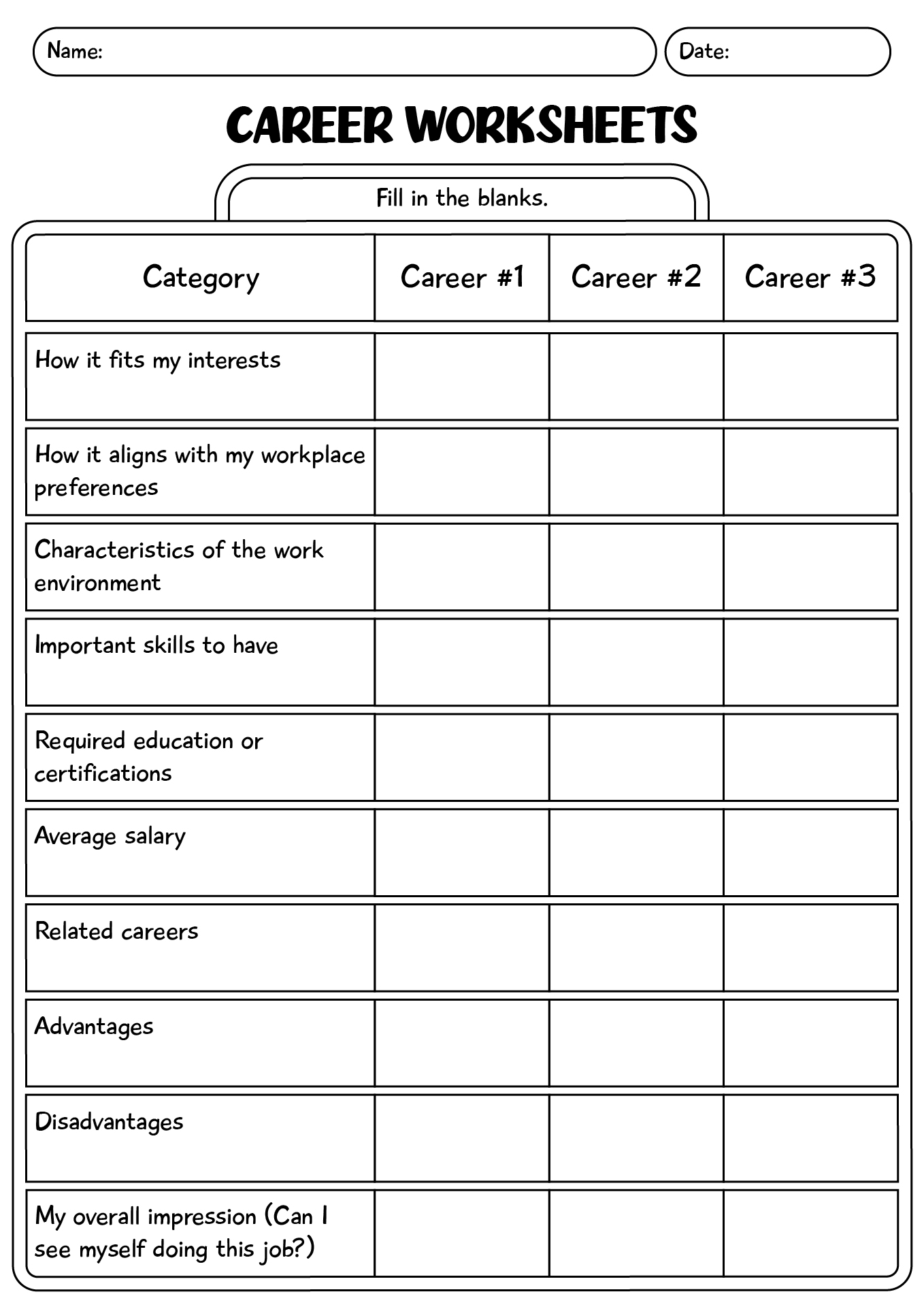 Career Worksheets For Middle School