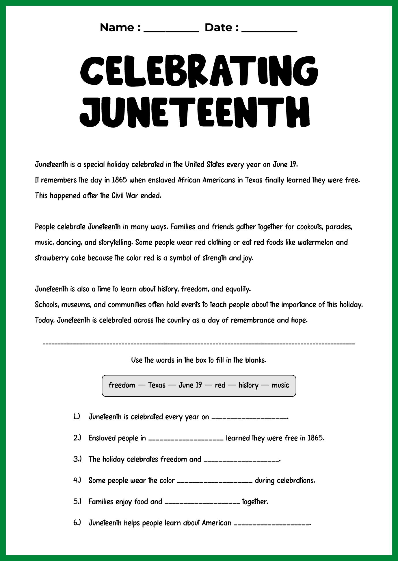 Celebrating Juneteenth Worksheet