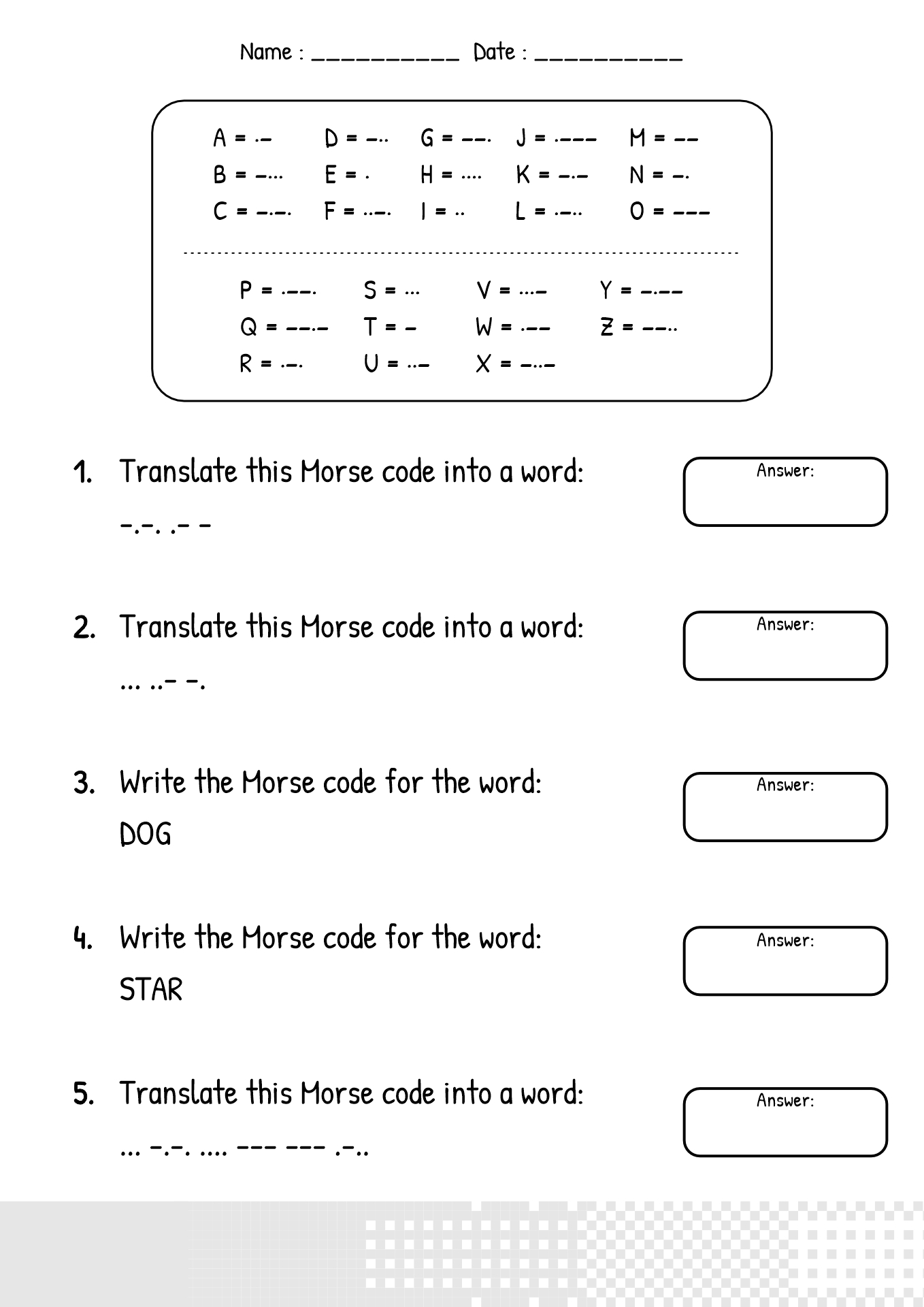 Childrens Morse Code Learning Worksheets